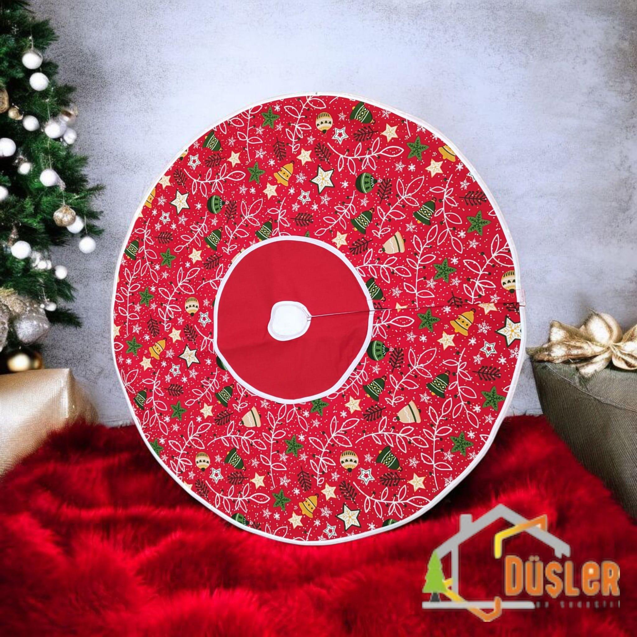 Kırmızı Çiçekli Yılbaşı Ayak Halısı, Yılbaşı Ağacı Altı Örtüsü, Yeniyıl Çam Ağacı Eteği Yıkanabilir Cırtlı