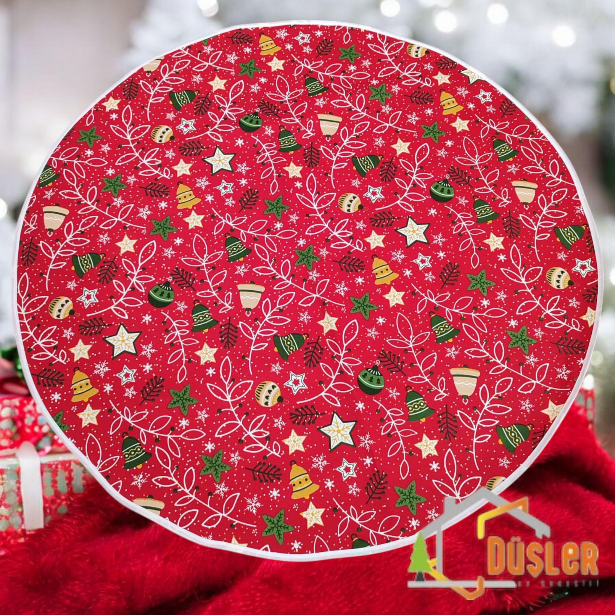 Kırmızı Çiçekli Yılbaşı Ayak Halısı, Yılbaşı Ağacı Altı Örtüsü, Yeniyıl Çam Ağacı Eteği Yıkanabilir