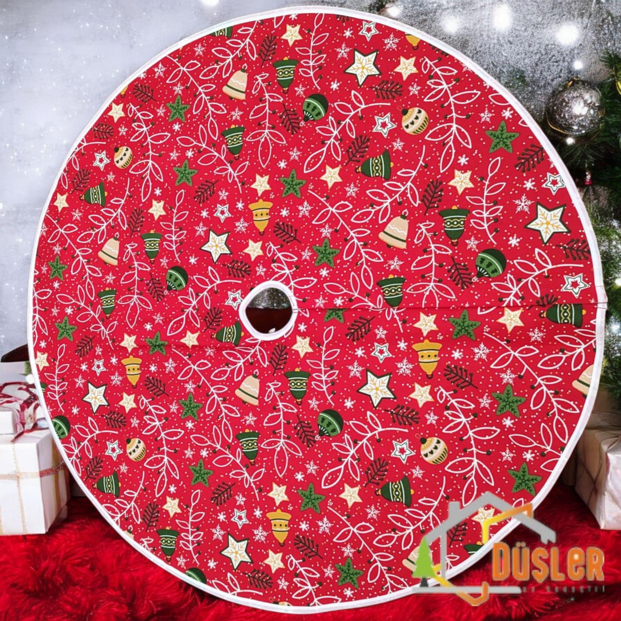 Kırmızı Çiçekli Yılbaşı Ayak Halısı, Yılbaşı Ağacı Altı Örtüsü, Yeniyıl Çam Ağacı Eteği Yıkanabilir Cırtlı