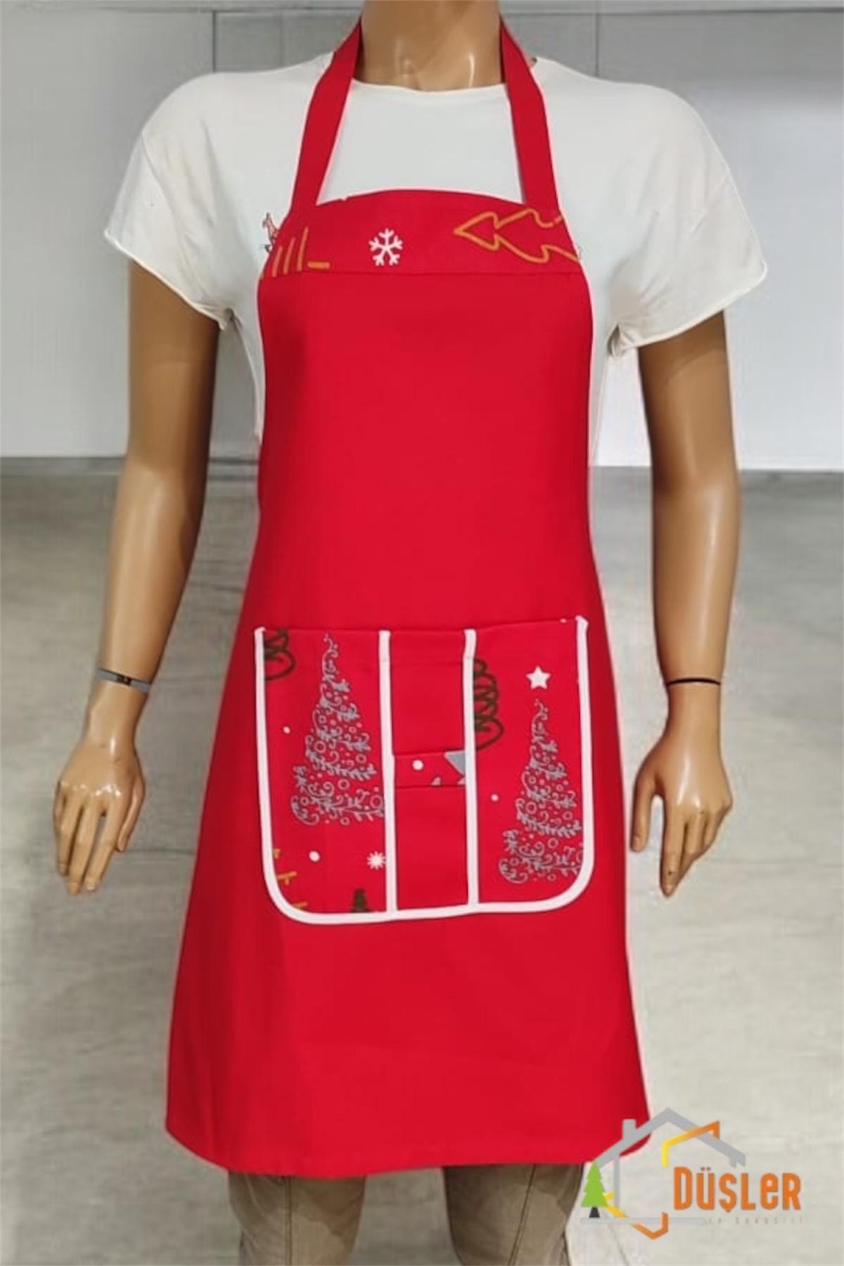 Kırmızı Yılbaşı Çam Cepli Desenli Mutfak Önlüğü
