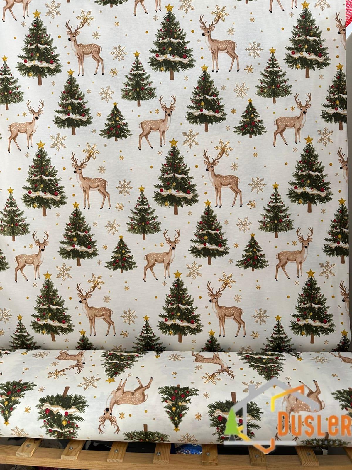 Krem Çam Ağacı ve Geyik Desenli Su ve Leke İtici Panama Keteni Küçükçalık Premier Duck Kumaş Bezi 100x180