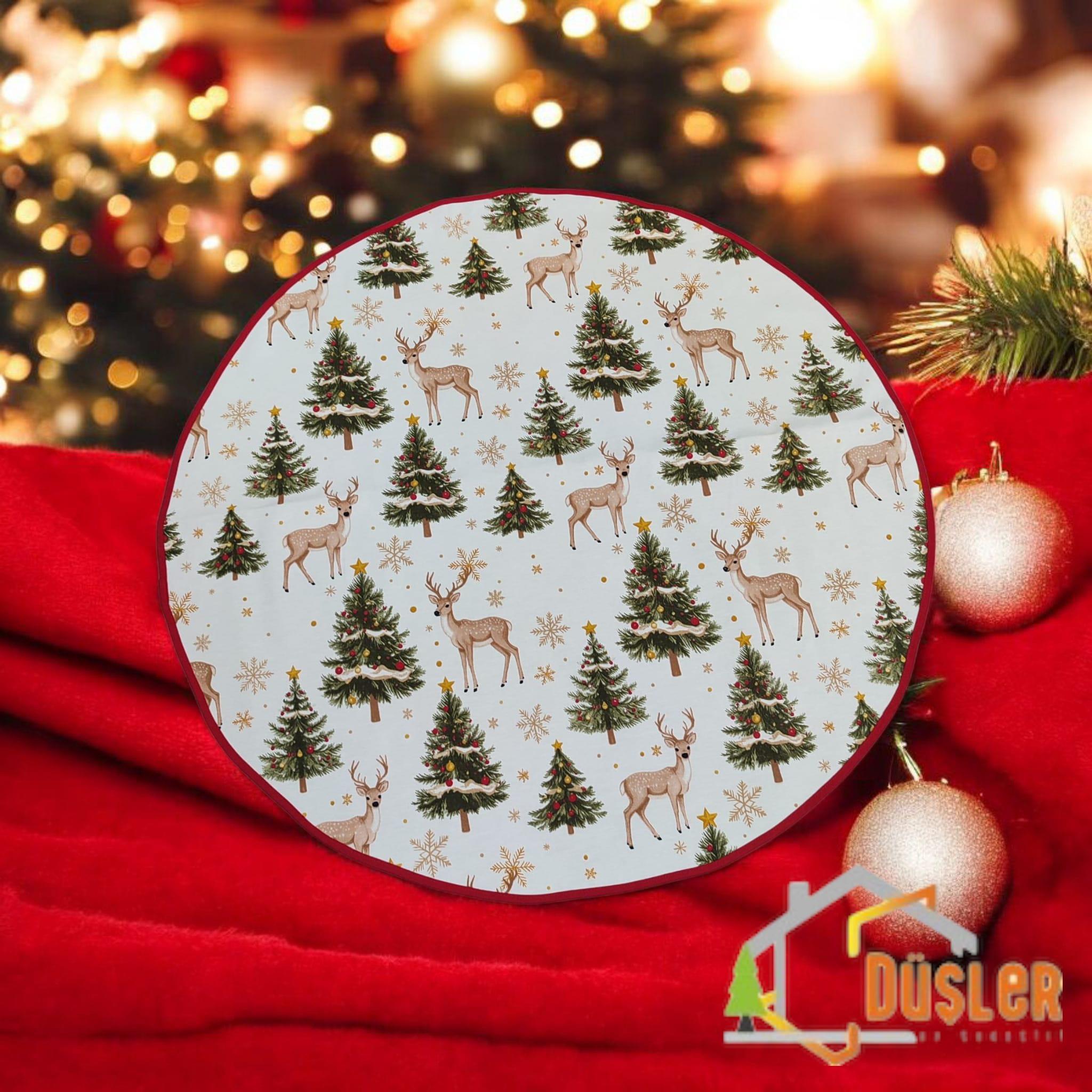 Krem Çam Ağacı ve Geyikli Yılbaşı Ayak Halısı, Yılbaşı Ağacı Altı Örtüsü, Yeniyıl Çam Ağacı Eteği Yıkanabilir