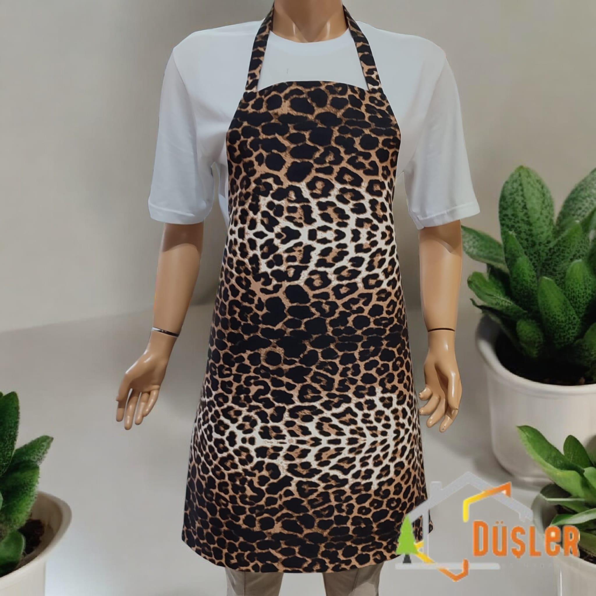 Leopar Desenli Ayarlanabilir Duck Kumaş Su ve Leke İtici Özelliği Bulunan Şef Mutfak Önlüğü 