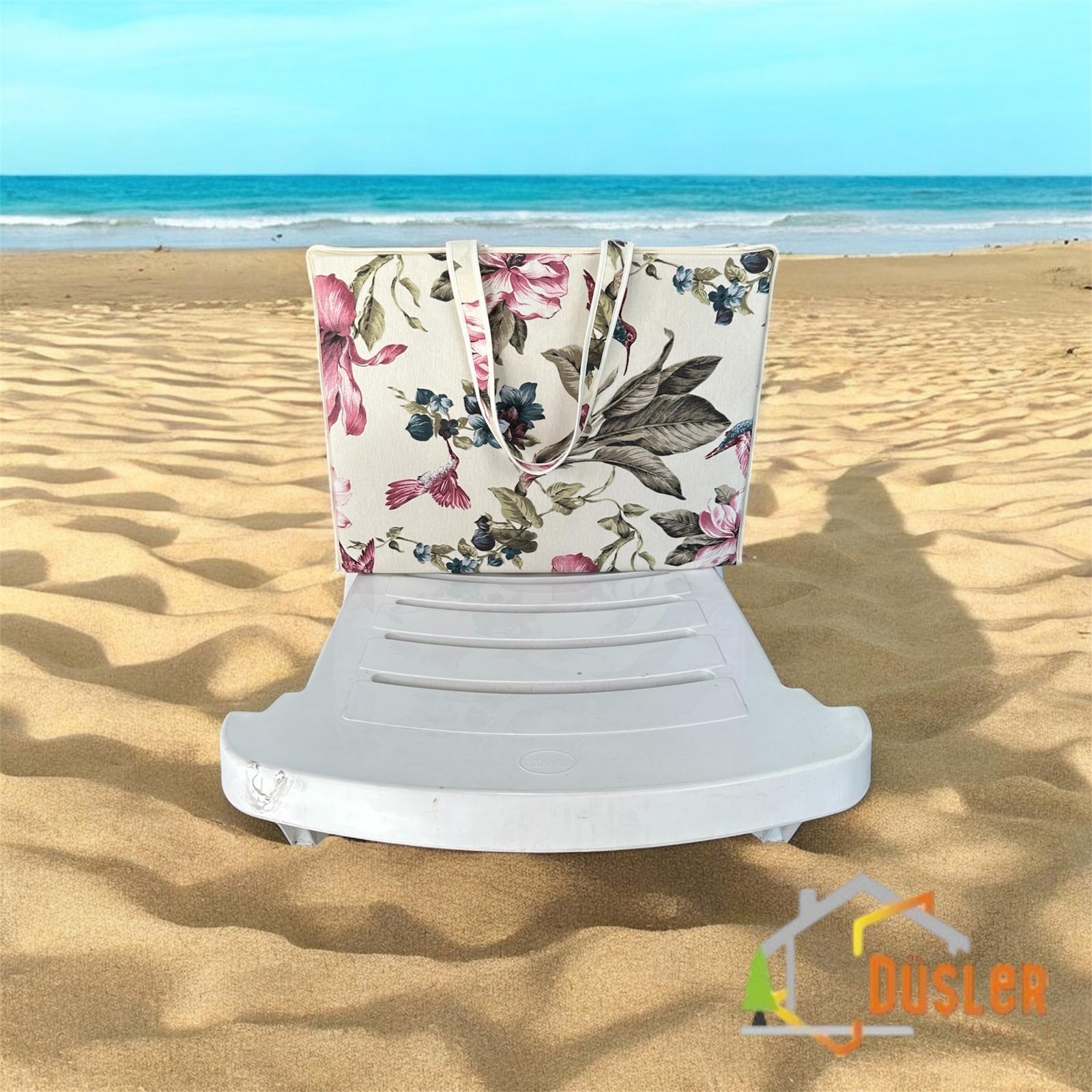 Pembe Çiçekli Krem Plaj Çantası (Şezlong Minderi)