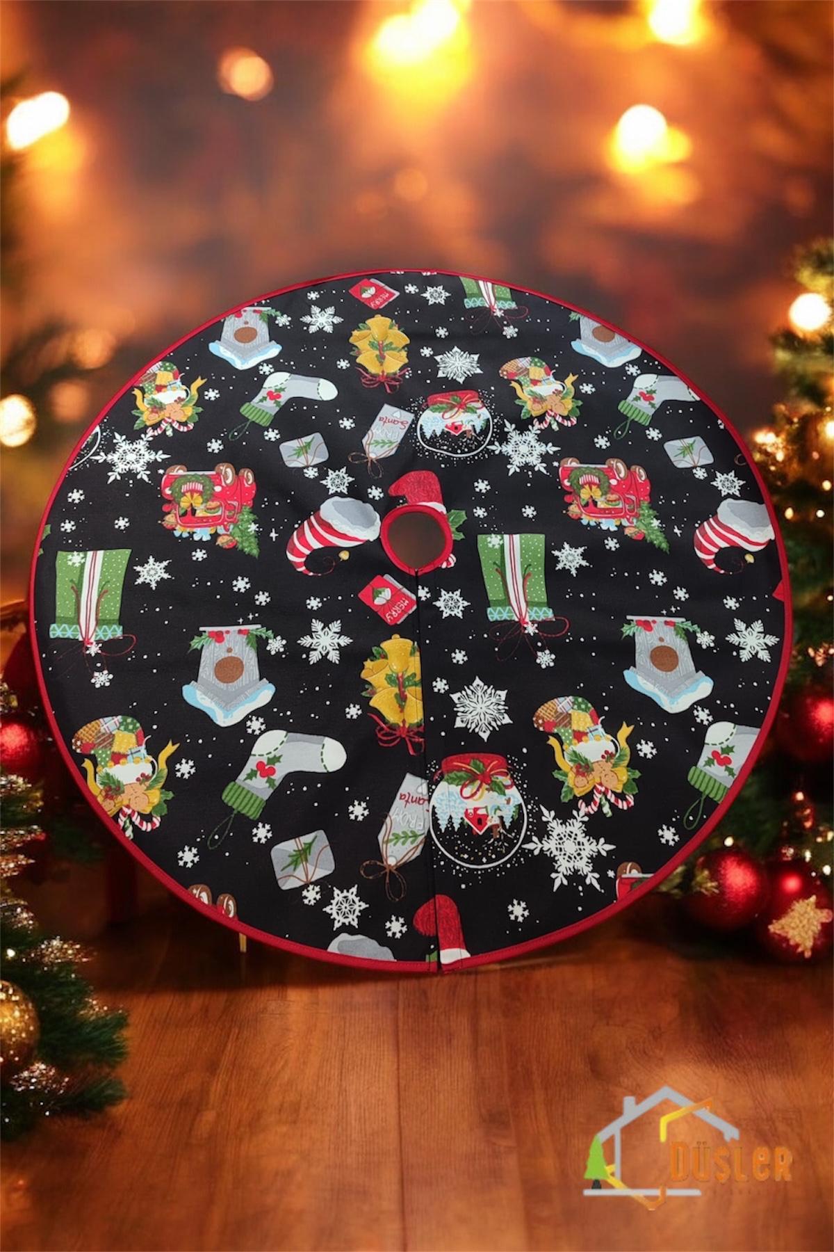 Siyah Yılbaşı Figürlü Ayak Halısı, Yılbaşı Ağacı Altı Örtüsü, Çam Ağacı Eteği Yıkanabilir Cırtlı
