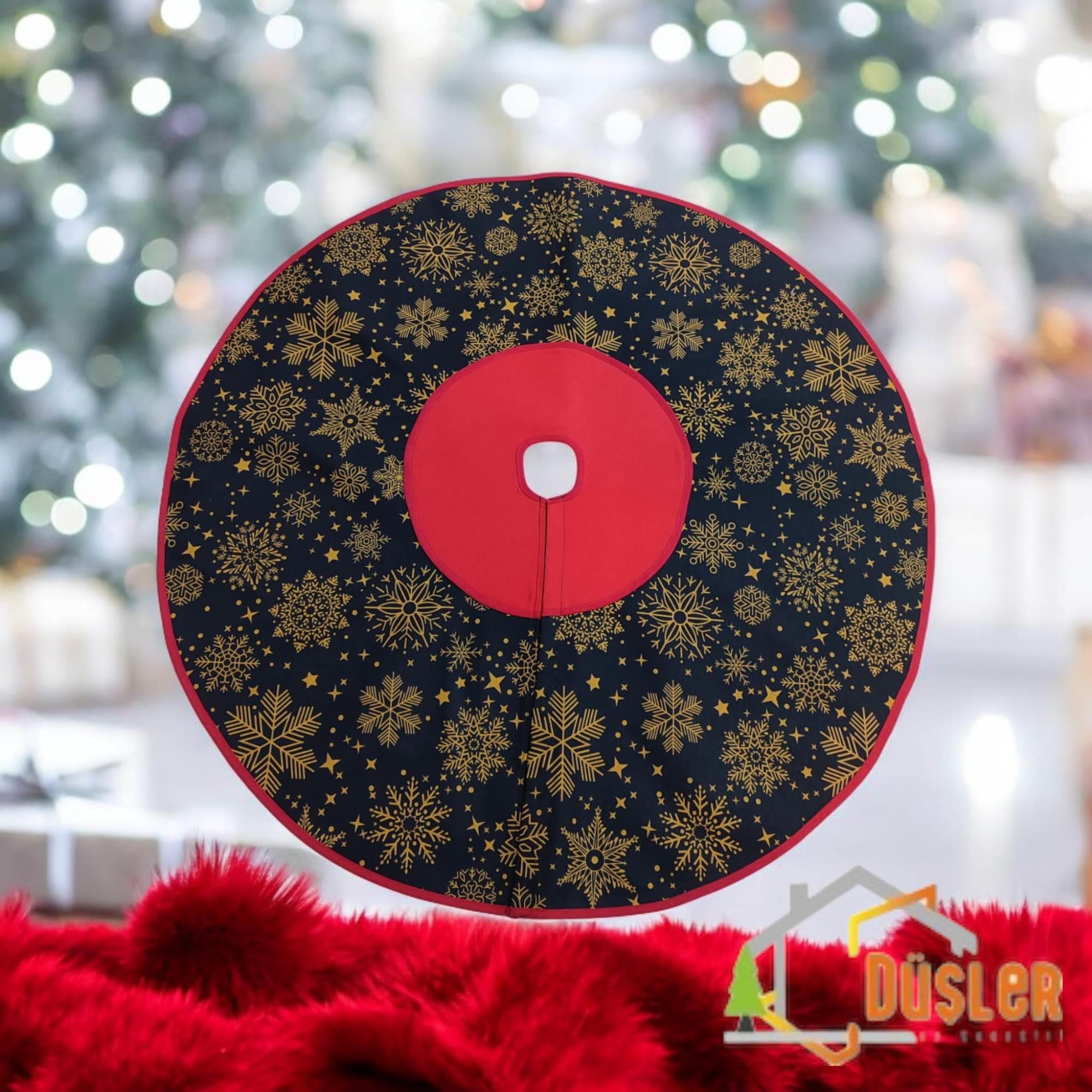 Snowy Siyah Kar Tanesi Desenli Yılbaşı Ayak Halısı, Yılbaşı Ağacı Altı Örtüsü, Yeniyıl Çam Ağacı Eteği Yıkanabilir Kırmızı Halka Cırtlı