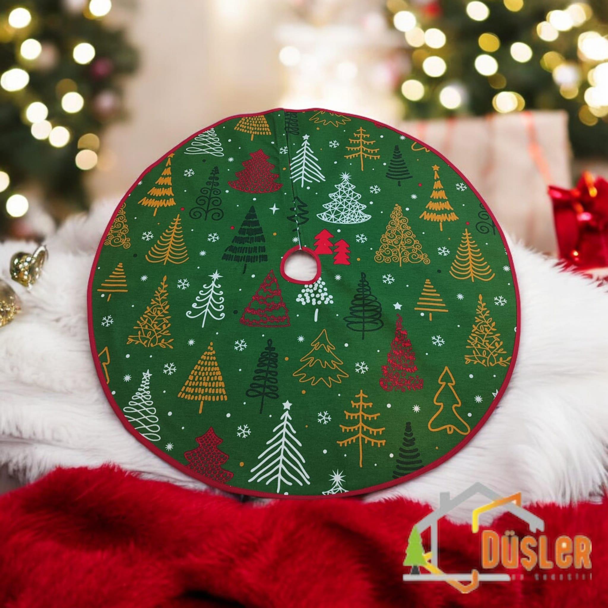 Yeşil Çam Ağacı Desenli Yılbaşı Ayak Halısı, Yılbaşı Ağacı Altı Örtüsü, Yeniyıl Çam Ağacı Eteği Yıkanabilir Cırtlı