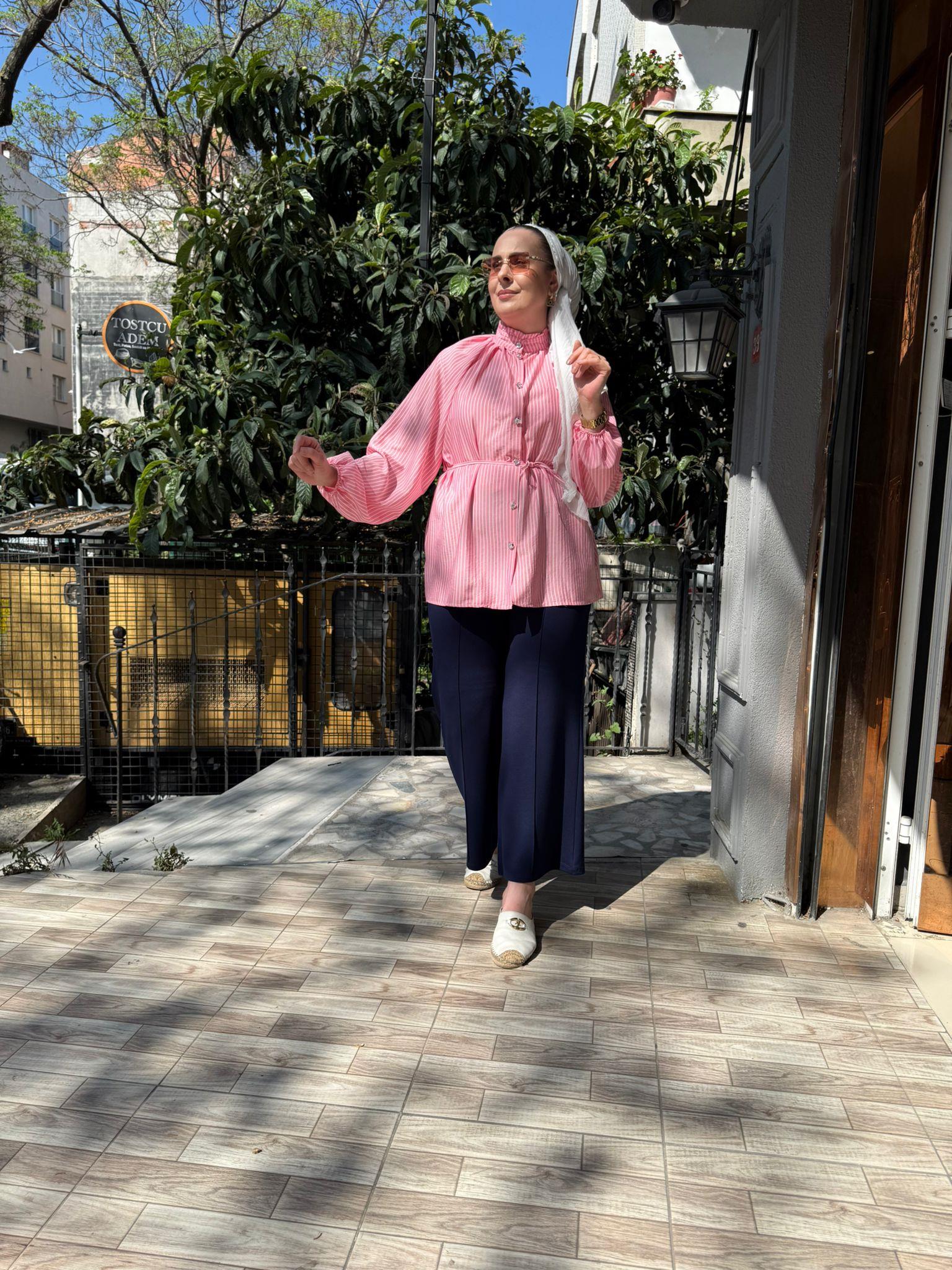 Ayrobin Çizgili Gömlek Pembe