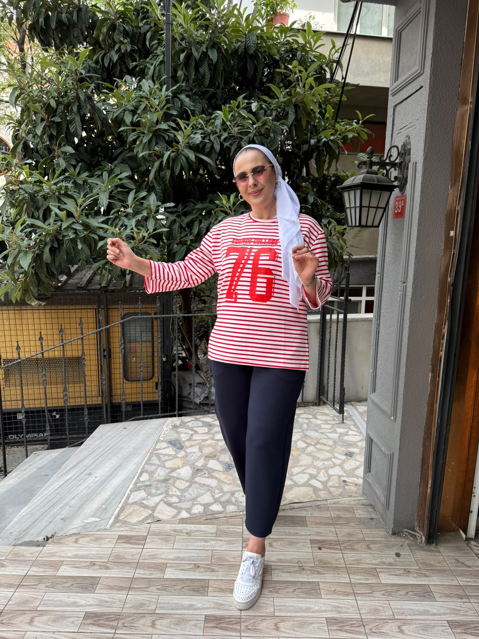 Baskılı Çizgili Sweat Kırmızı