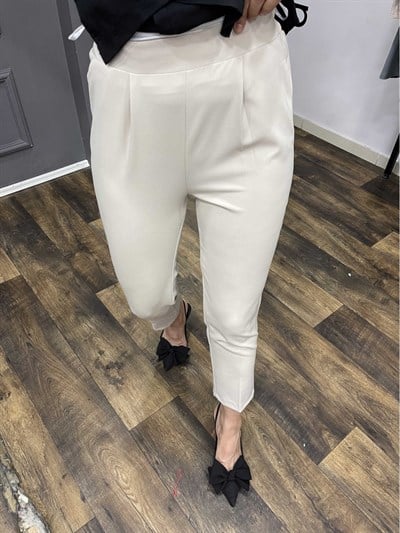 Beli Lastikli Kumaş Krem Pantolon 
