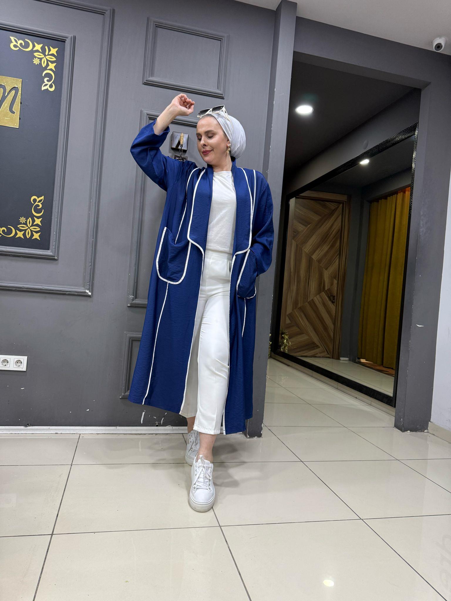 Bodrum Kumaş Biyeli Kimono Lacivert