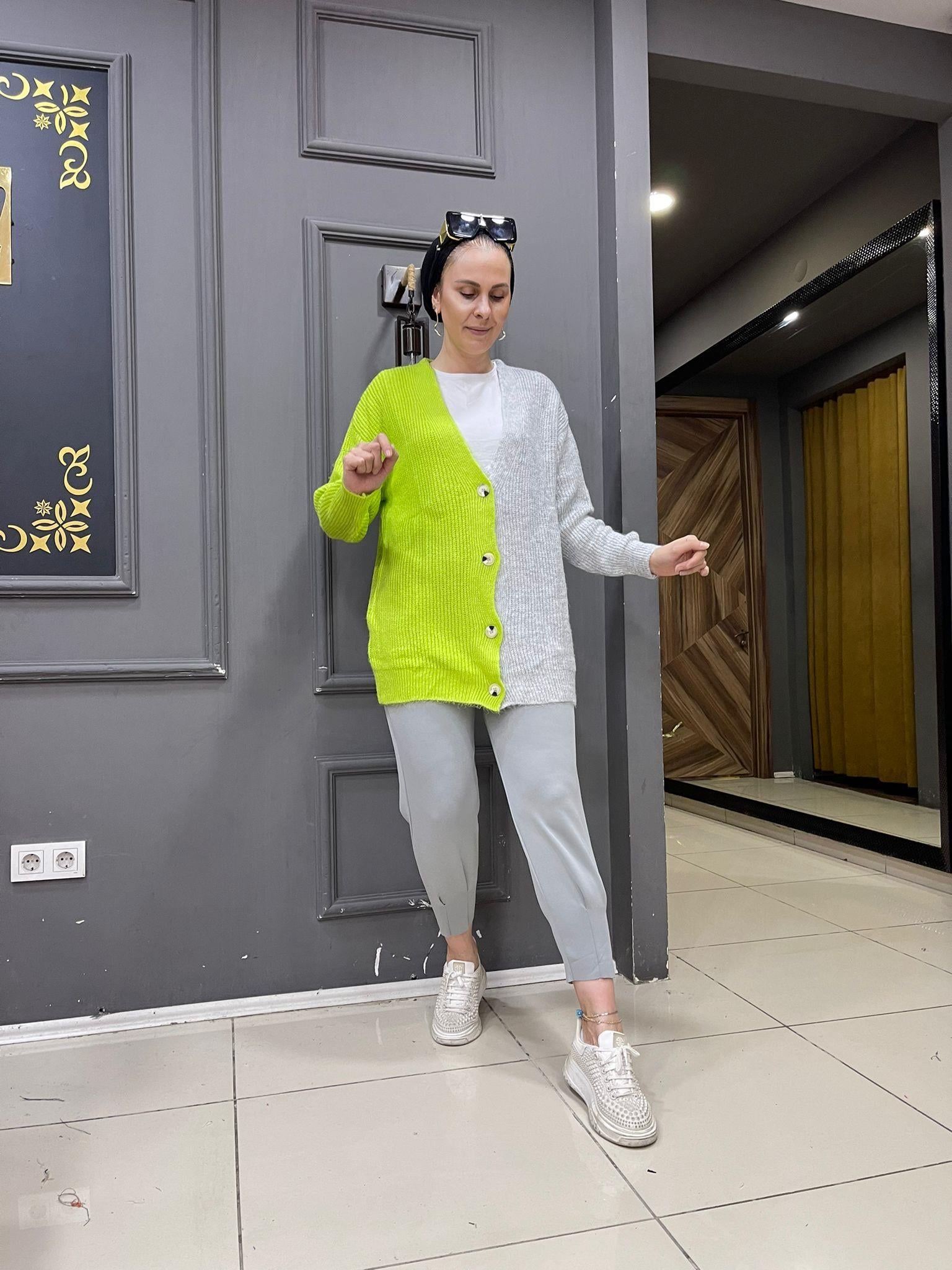 Çift Renk Hırka Neon Yeşili Gri