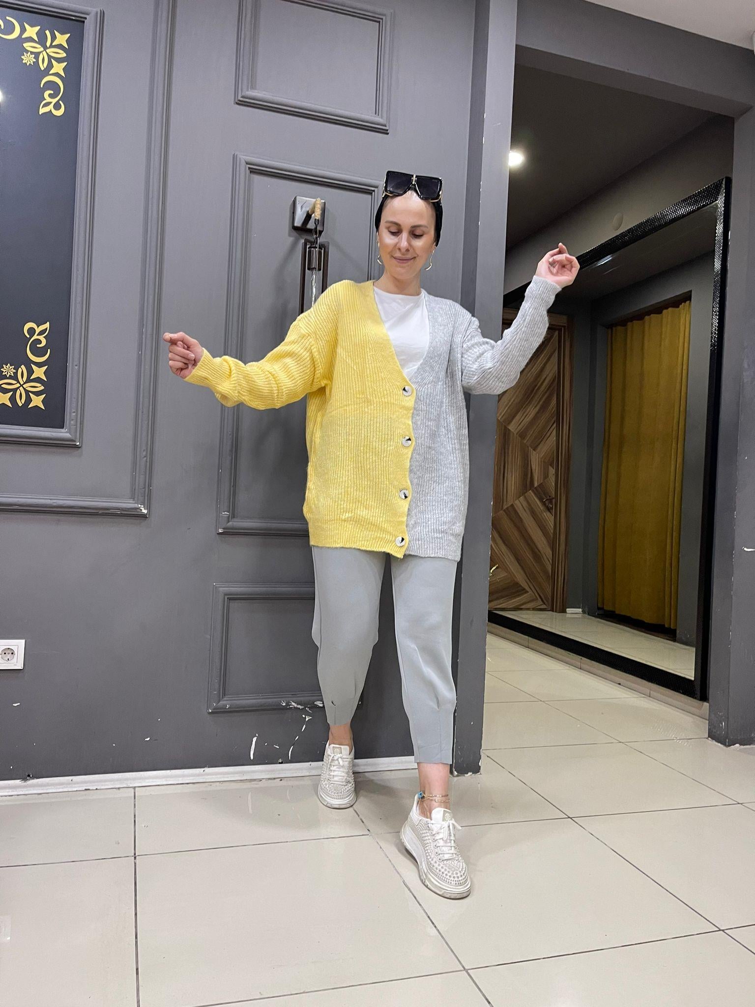 Çift Renk Hırka Sarı Gri