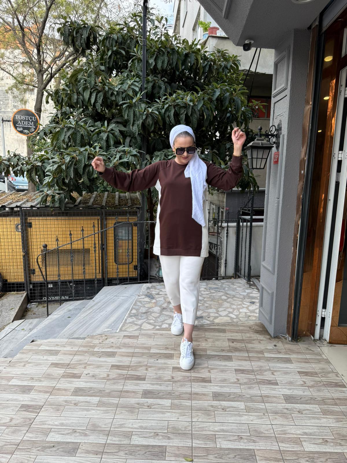 Gömlek Detaylı Sweat Kahve/Ekru