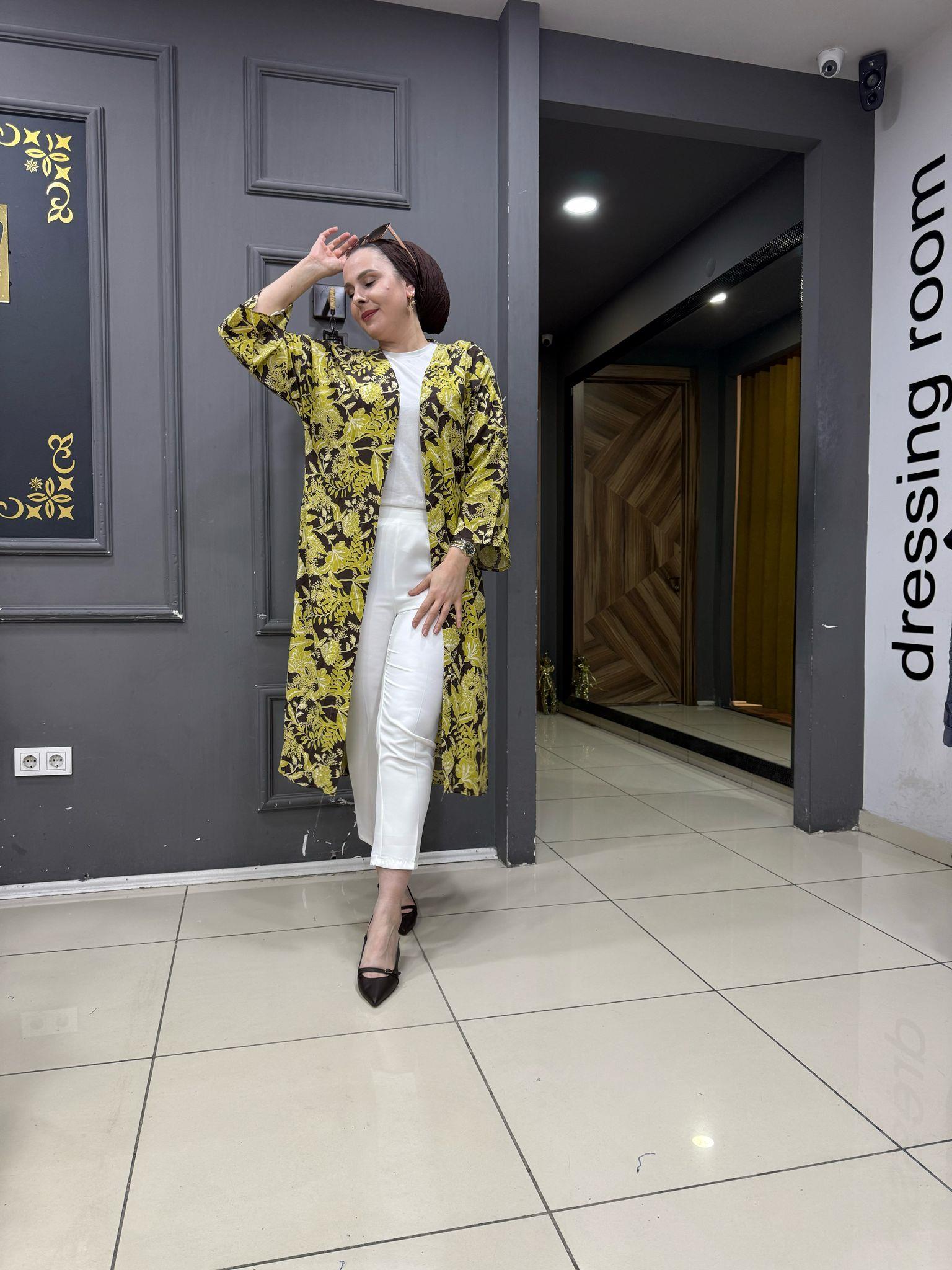 Kahve Yeşil Desen Kimono