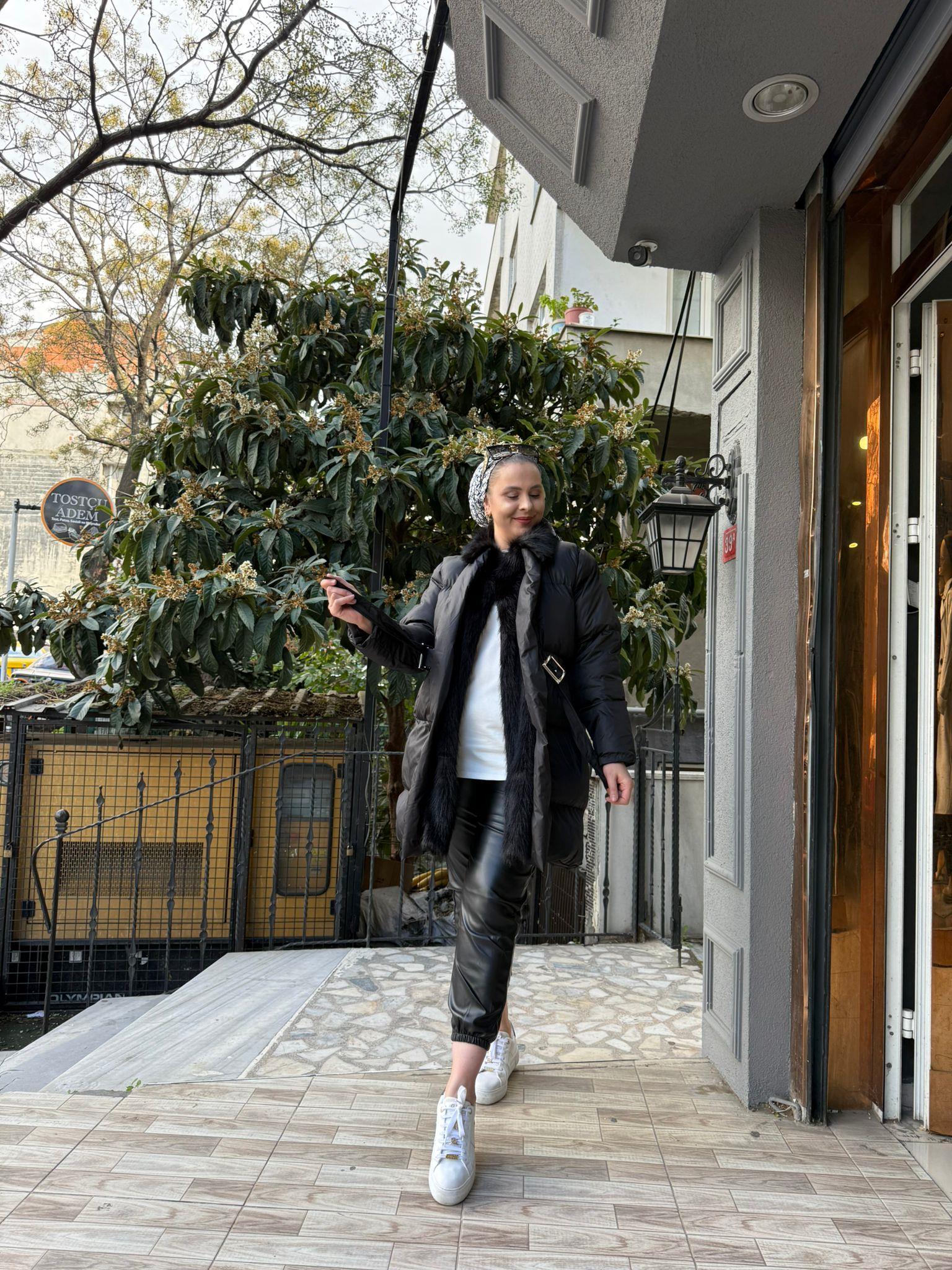 Kürklü Şişme Mont Siyah