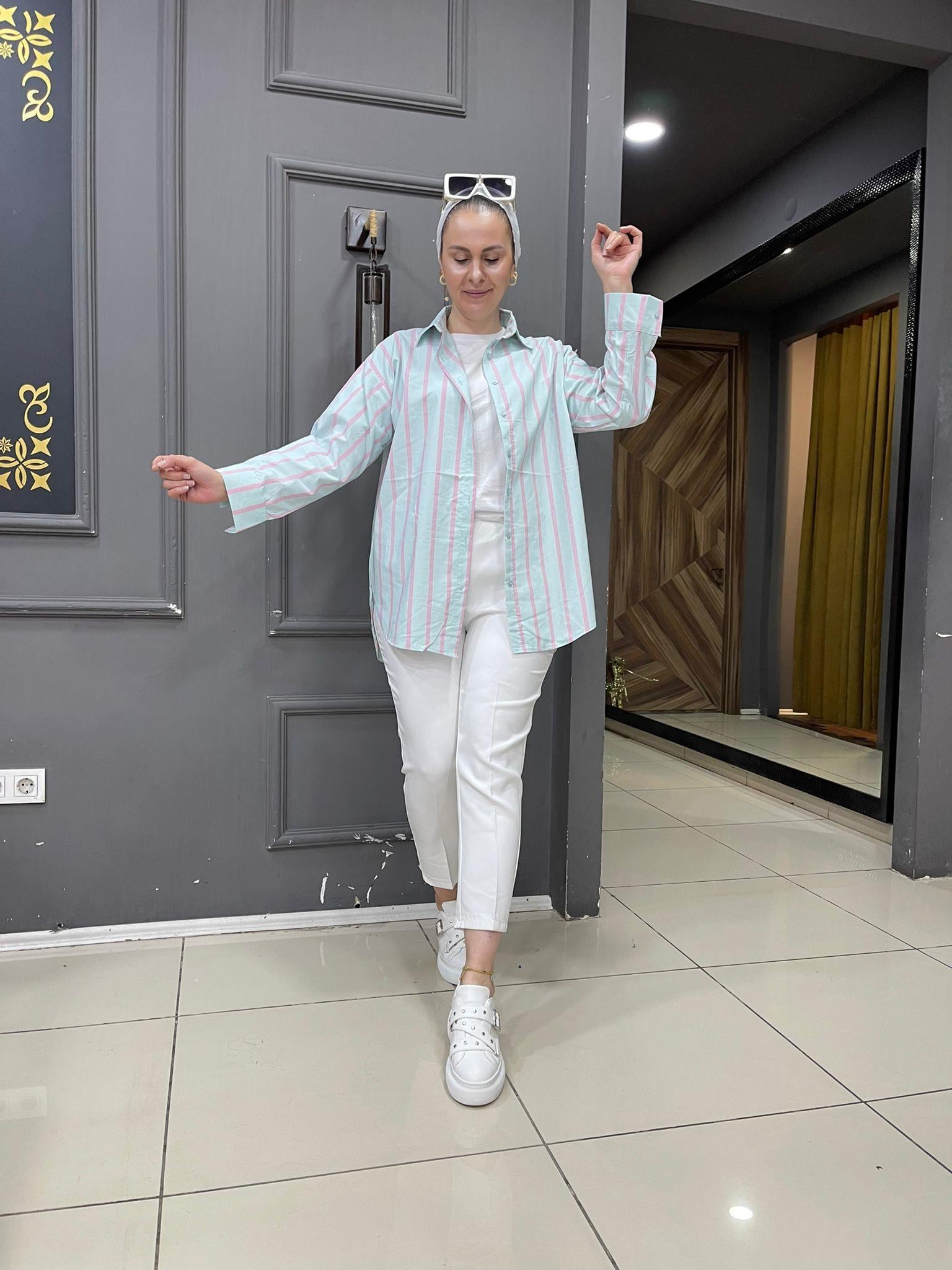 Mavi Pembe Çizgili Poplin Gömlek