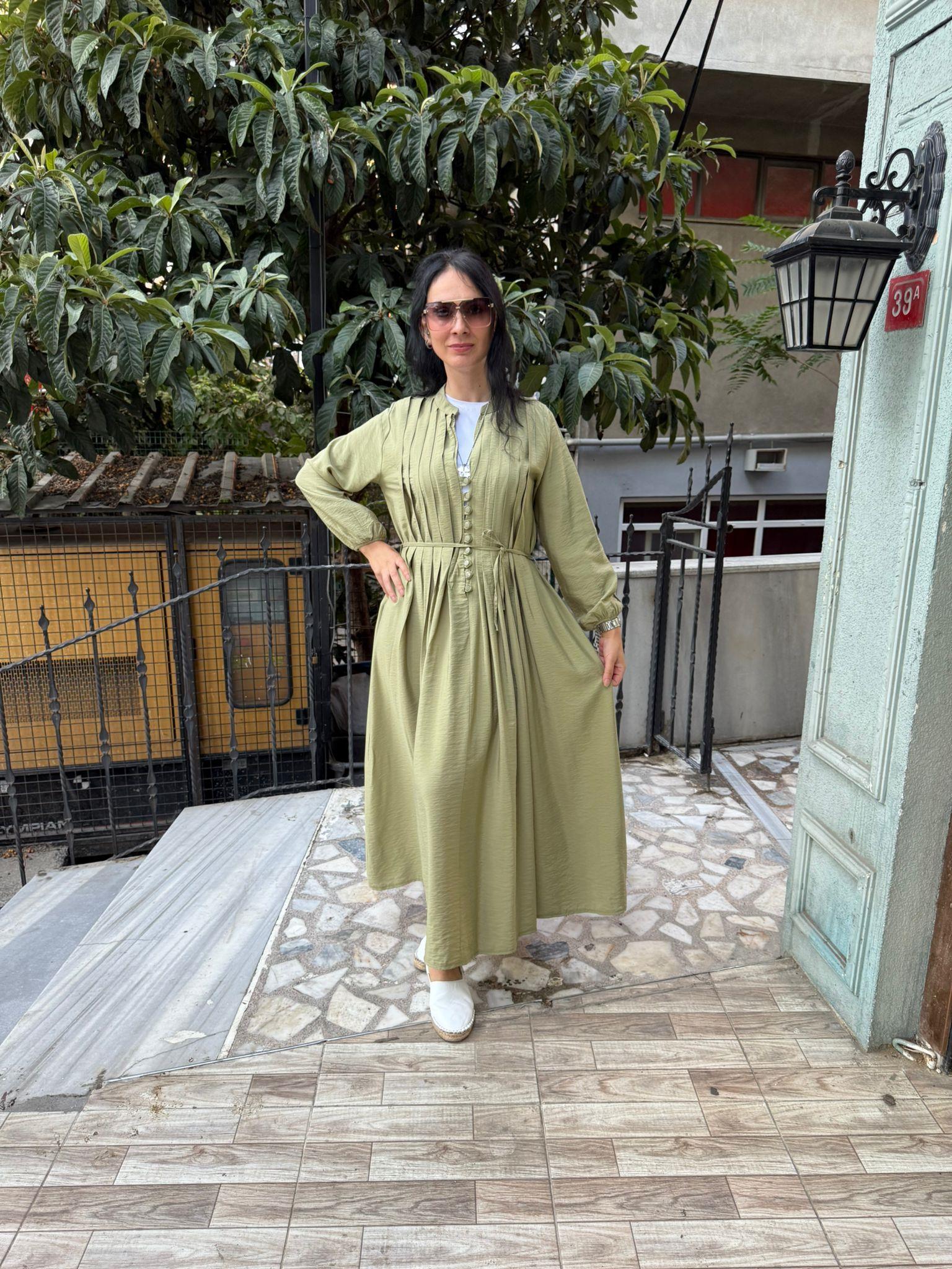 Modal Pileli Elbise Haki