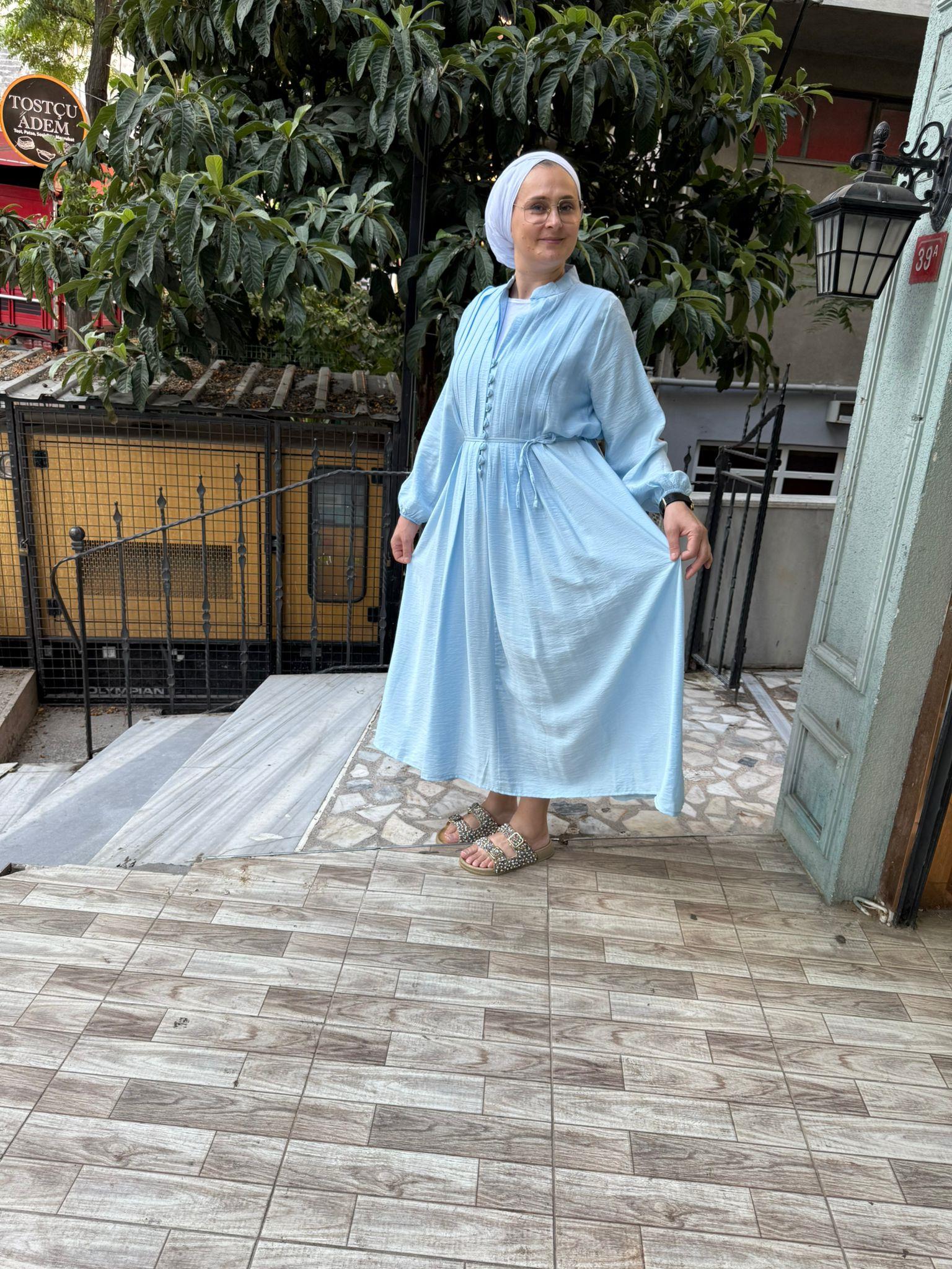 Modal Pileli Elbise Mavi