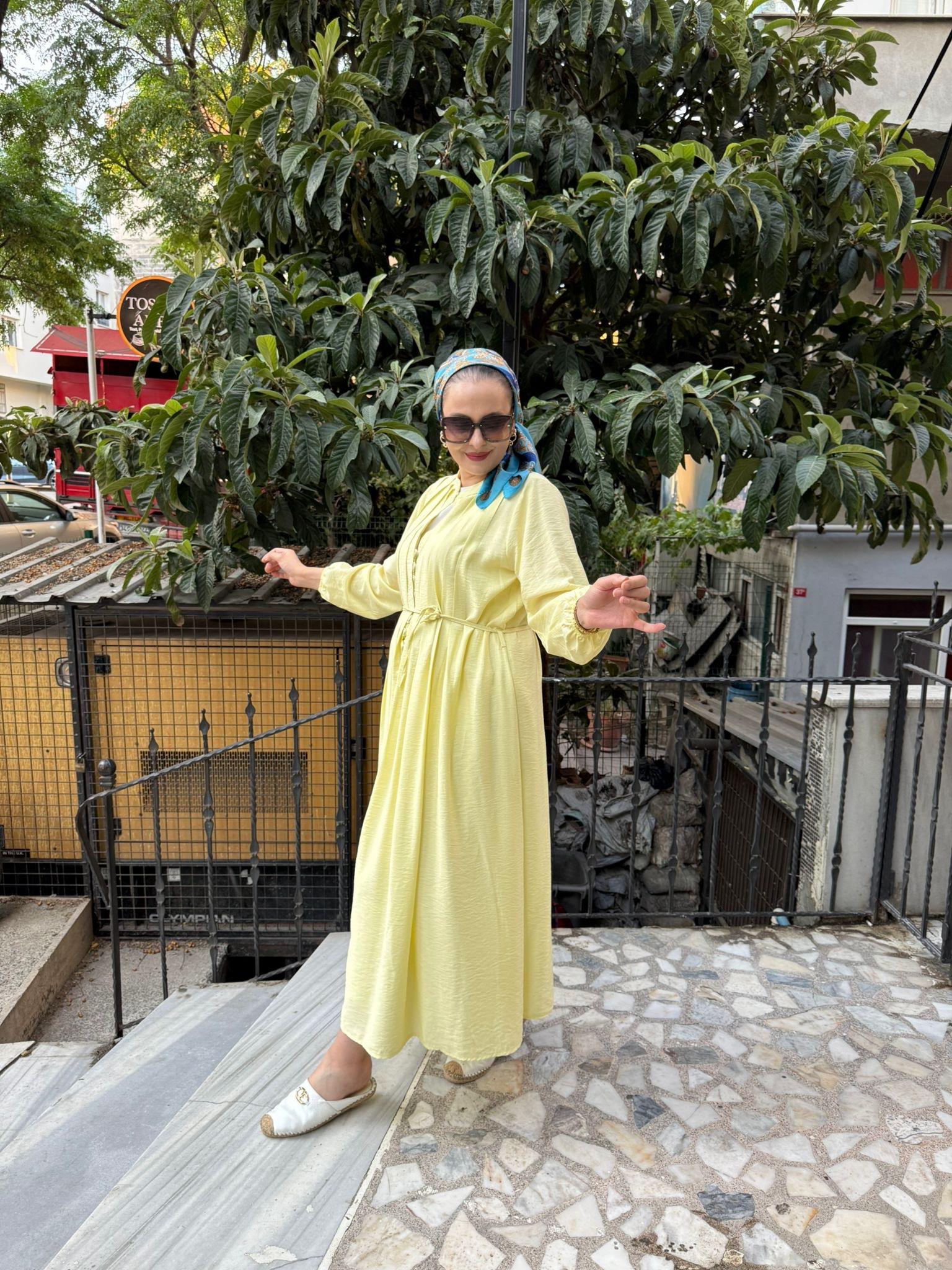 Modal Pileli Elbise Sarı