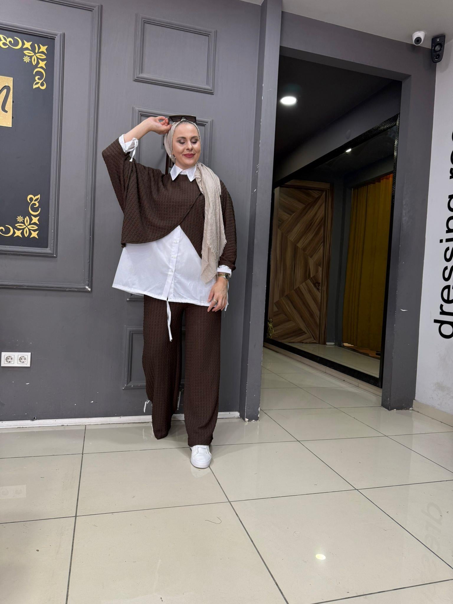 Panama Örme Kumaş 2'li Takım Kahverengi