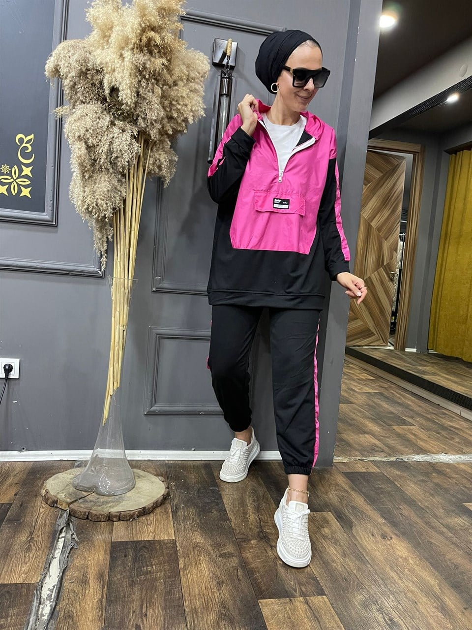 Paraşütlü Kahve Siyah Pembe Eşofman Takımı