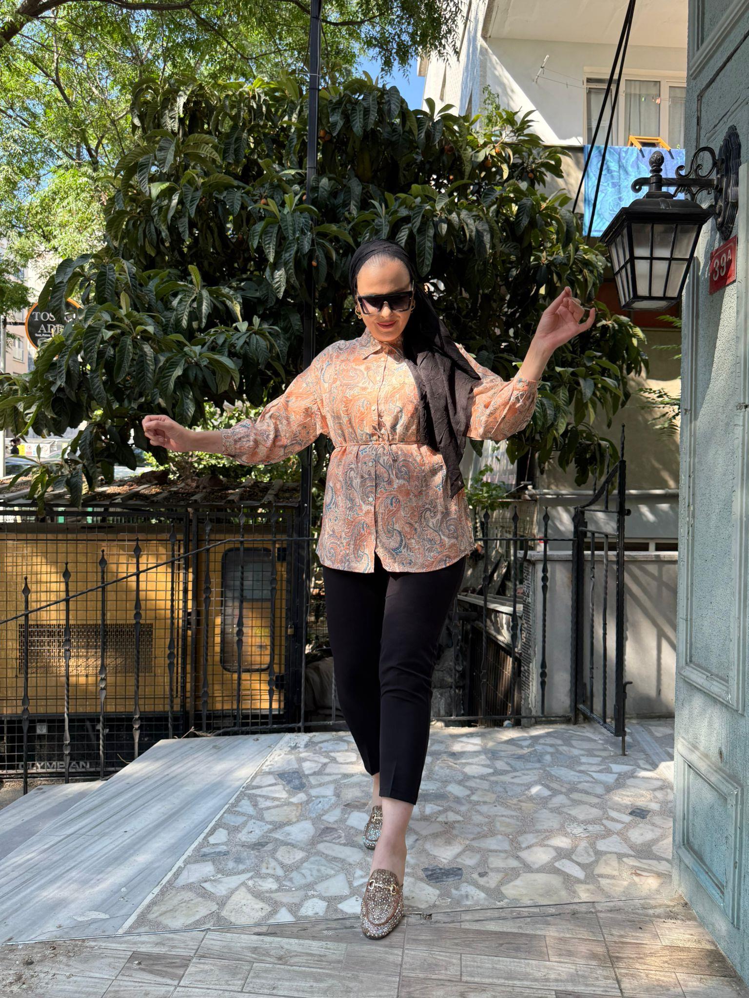 Şal Desen Gömlek Turuncu Çiçek 