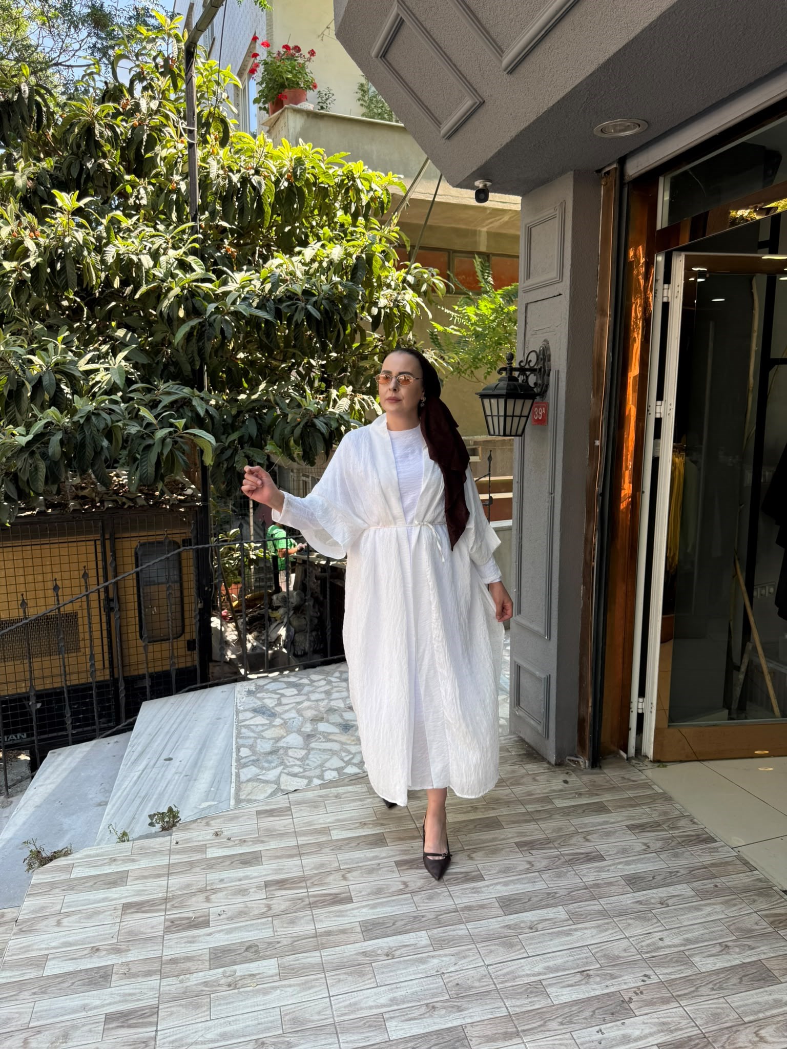 Taşlı Abaya Takım Beyaz