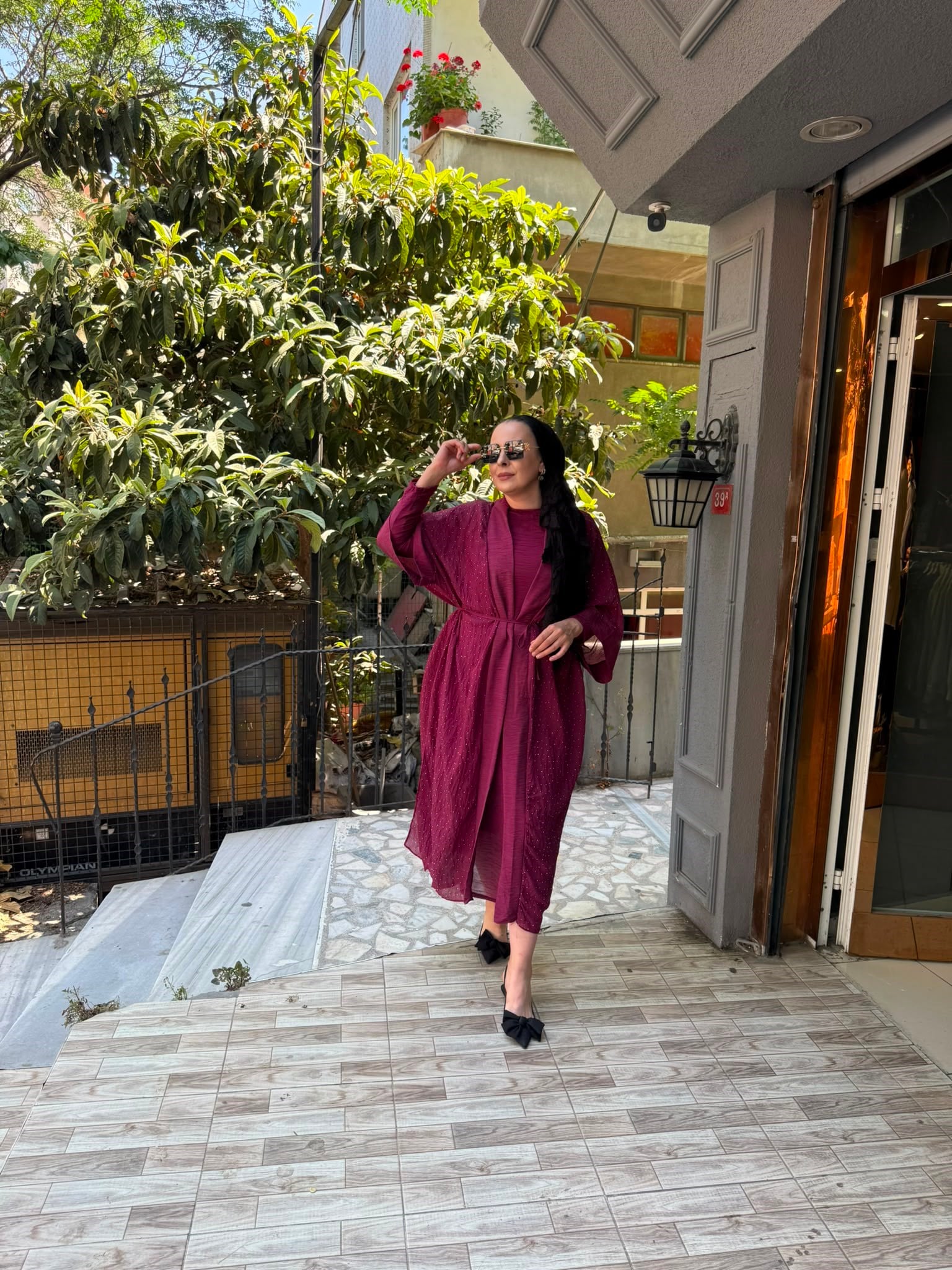 Taşlı Abaya Takım Bordo