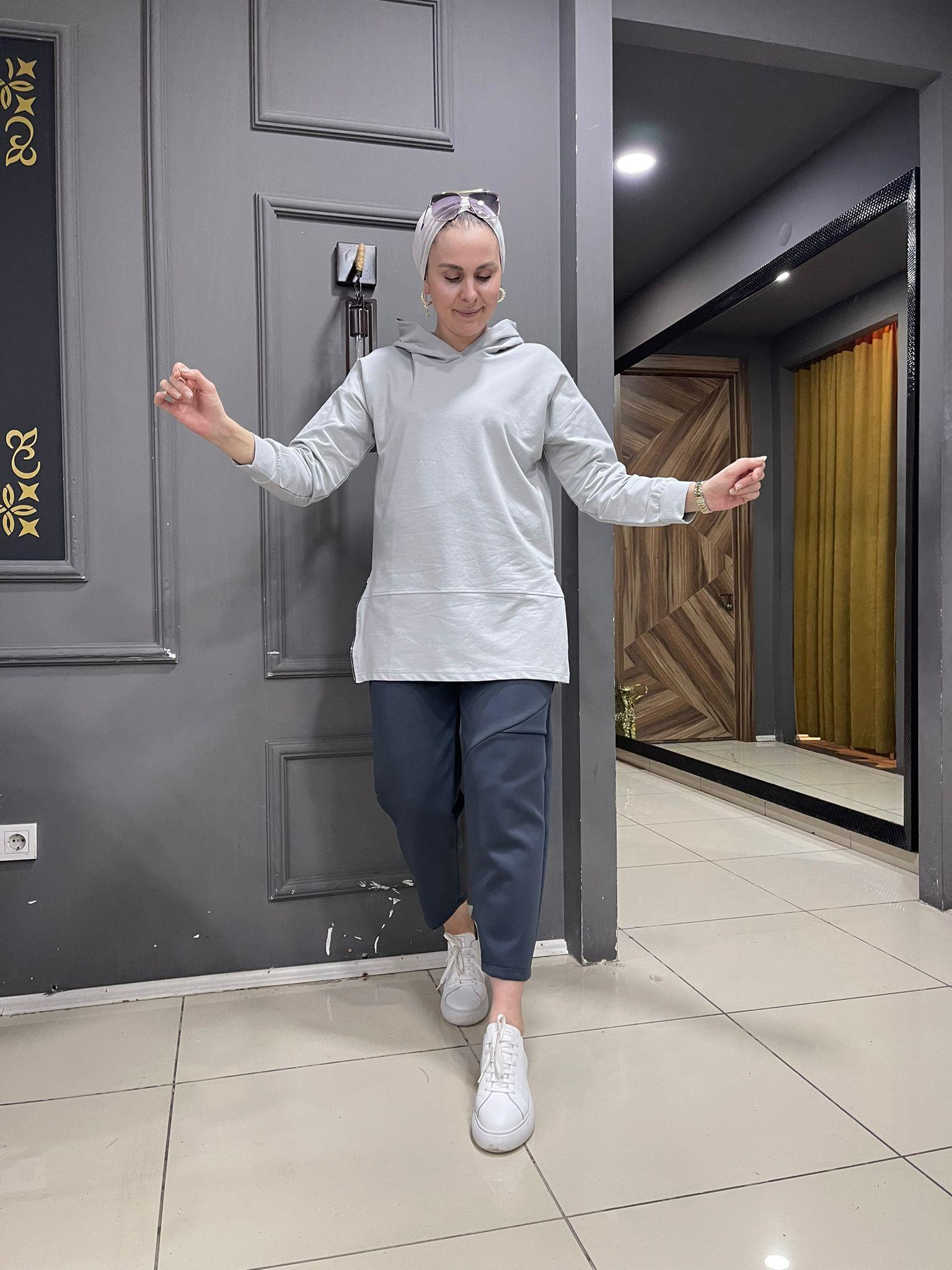 Yan Fermuarlı Kapüşonlu Sweat Gri