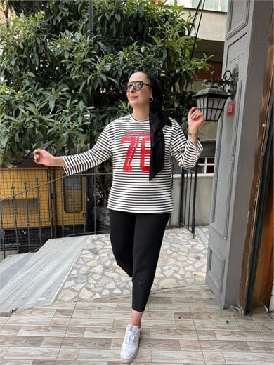 Baskılı Çizgili Sweat Siyah