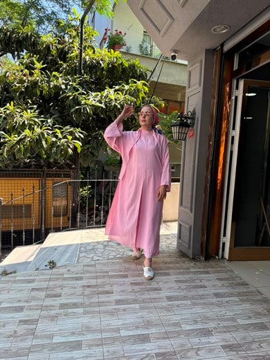 İthal Fularlı Keten Takım Pembe
