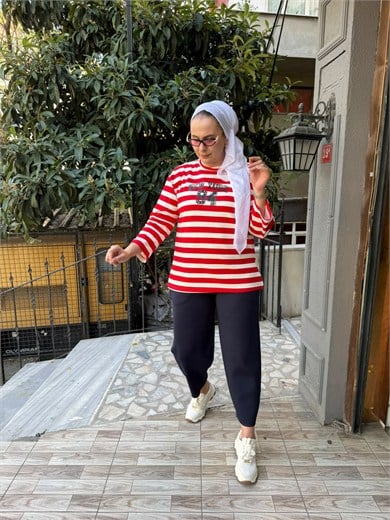 Kalın Çizgili Baskılı Sweat Kırmızı