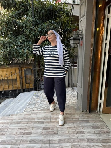 Kalın Çizgili Baskılı Sweat Lacivert