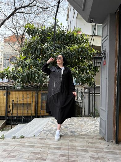 Kot Detaylı Elbise Siyah