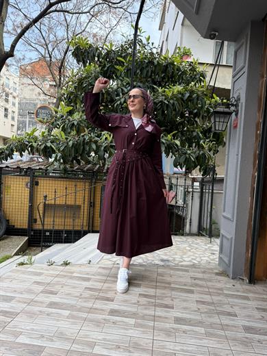 Kuş Gözlü Kemerli Elbise Bordo