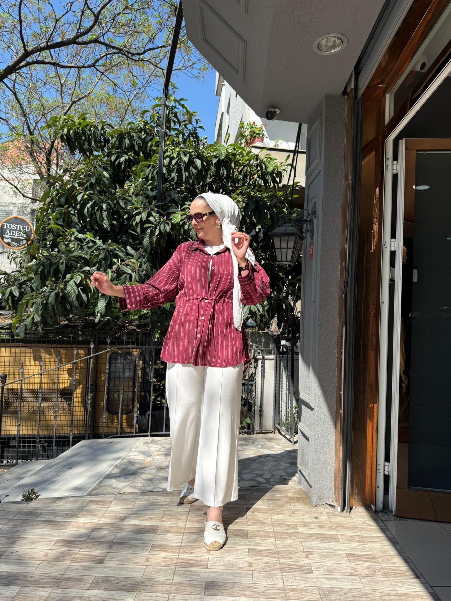 Bel Bağcık Çizgili Gömlek Bordo