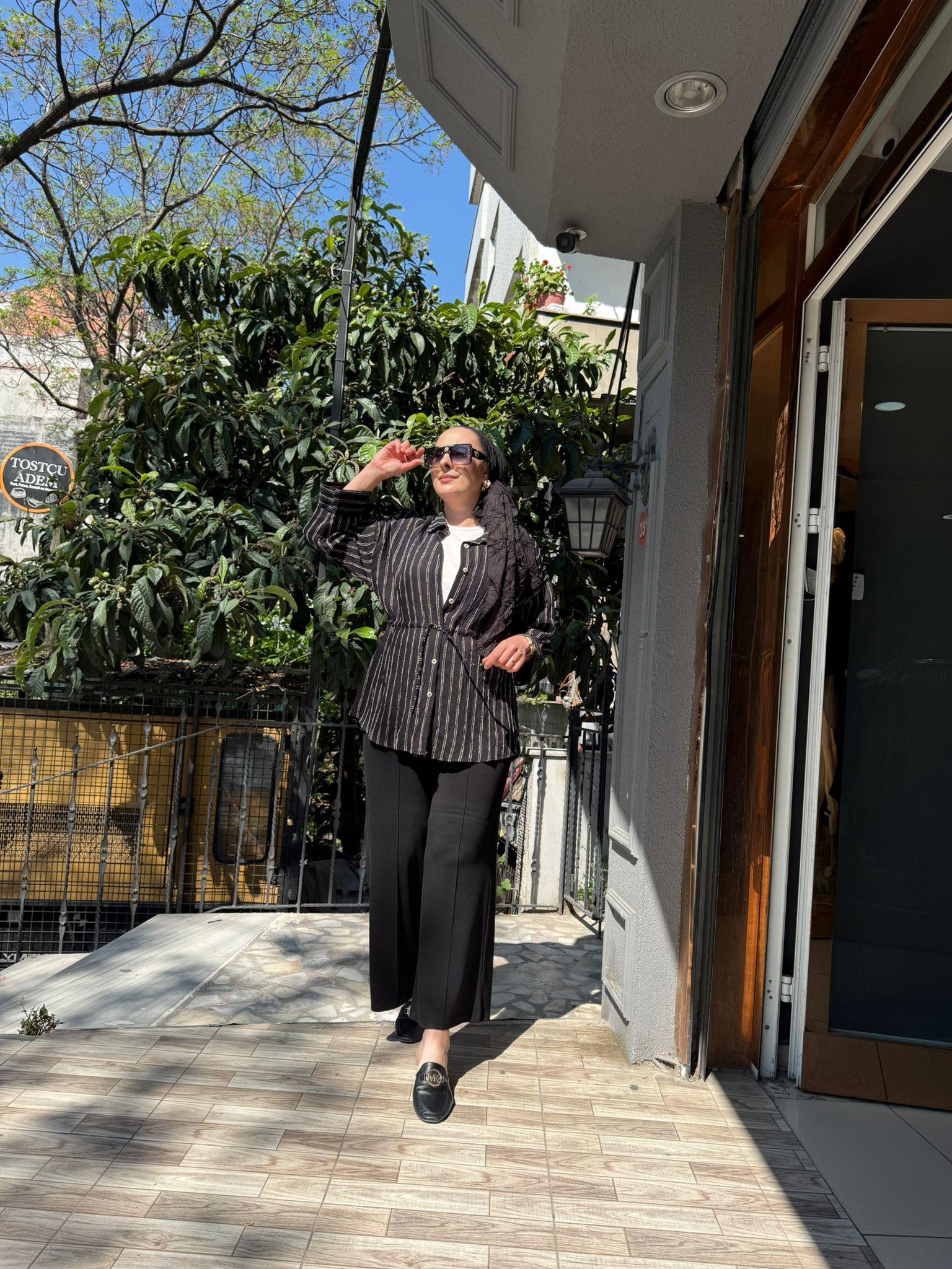 Bel Bağcık Çizgili Gömlek Siyah