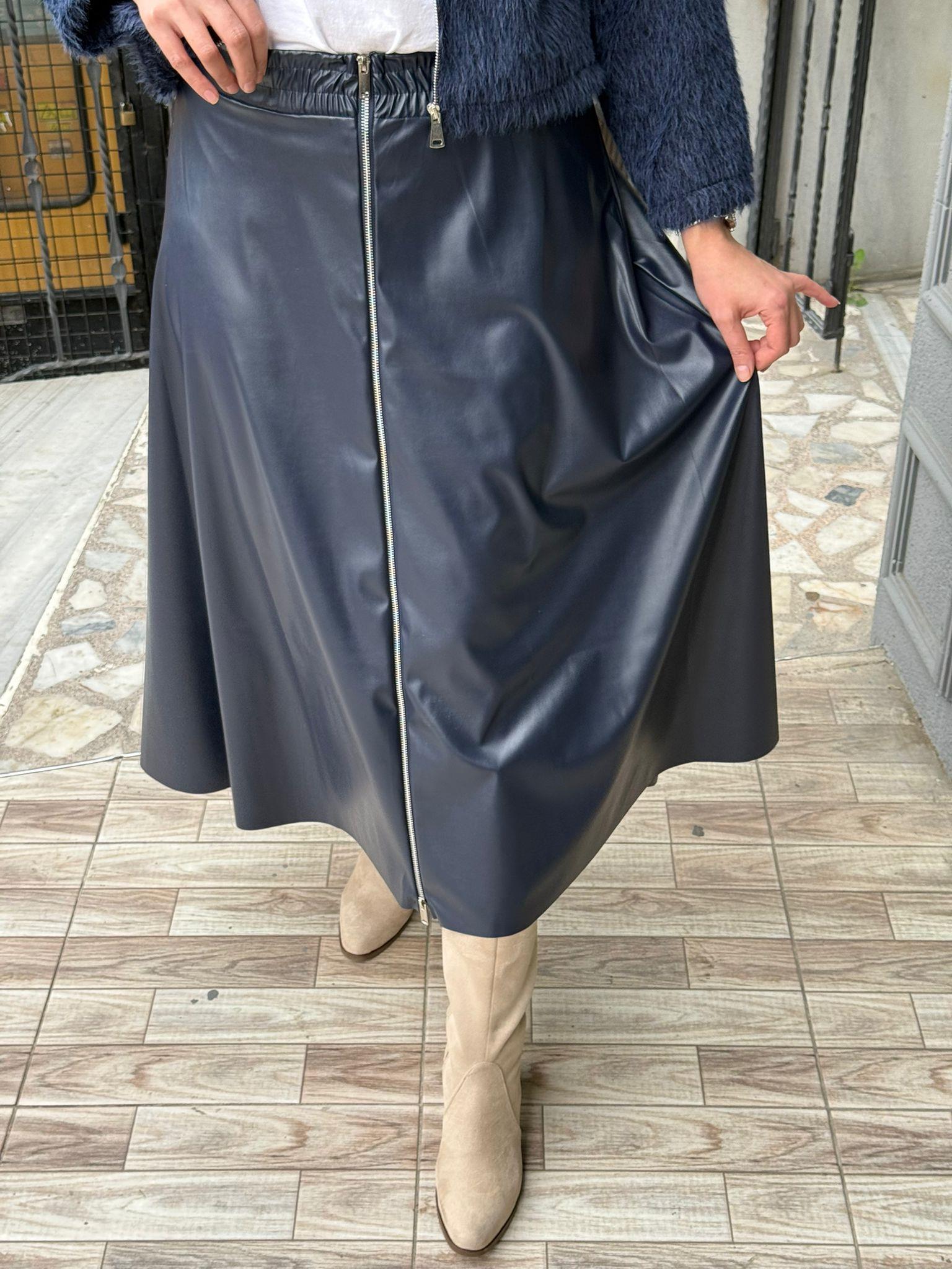 Fermuarlı Deri Etek Lacivert