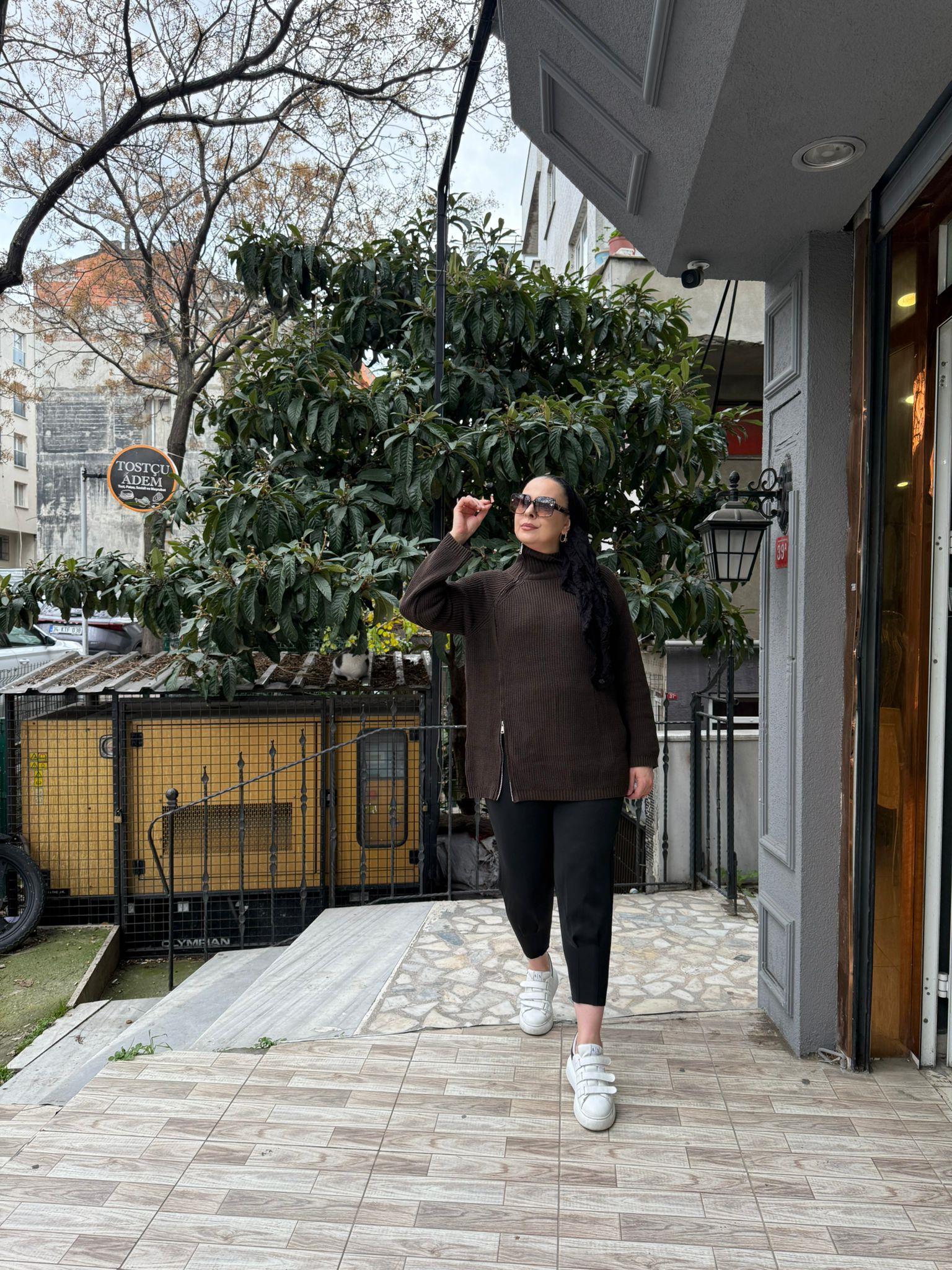 Fermuarlı Kazak Kahverengi