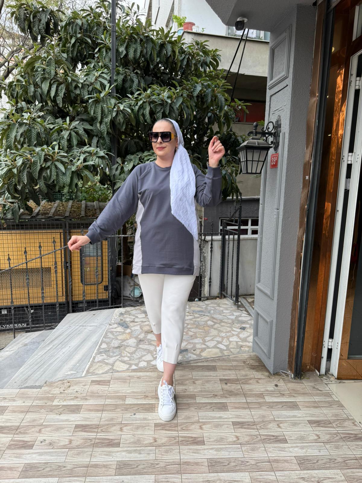 Gömlek Detaylı Sweat Füme/Gri