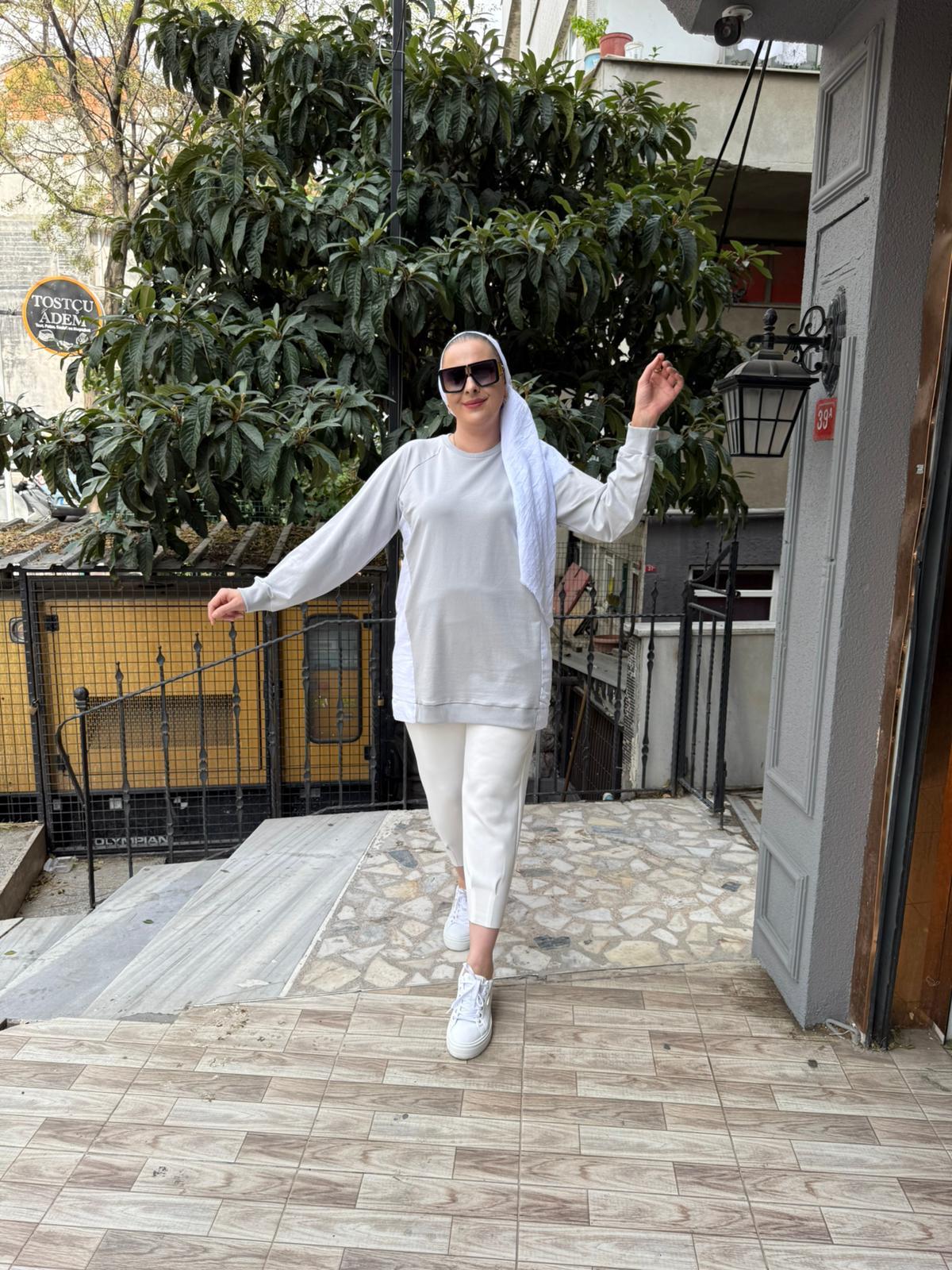 Gömlek Detaylı Sweat Gri/Beyaz