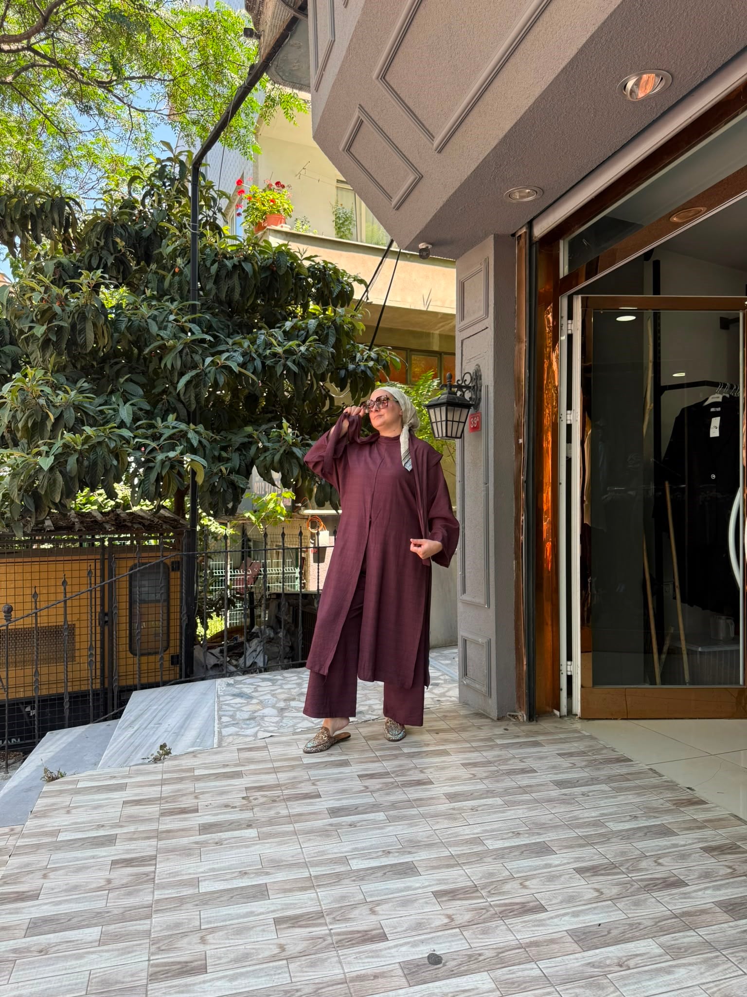 İthal Fularlı Keten Takım Mürdüm