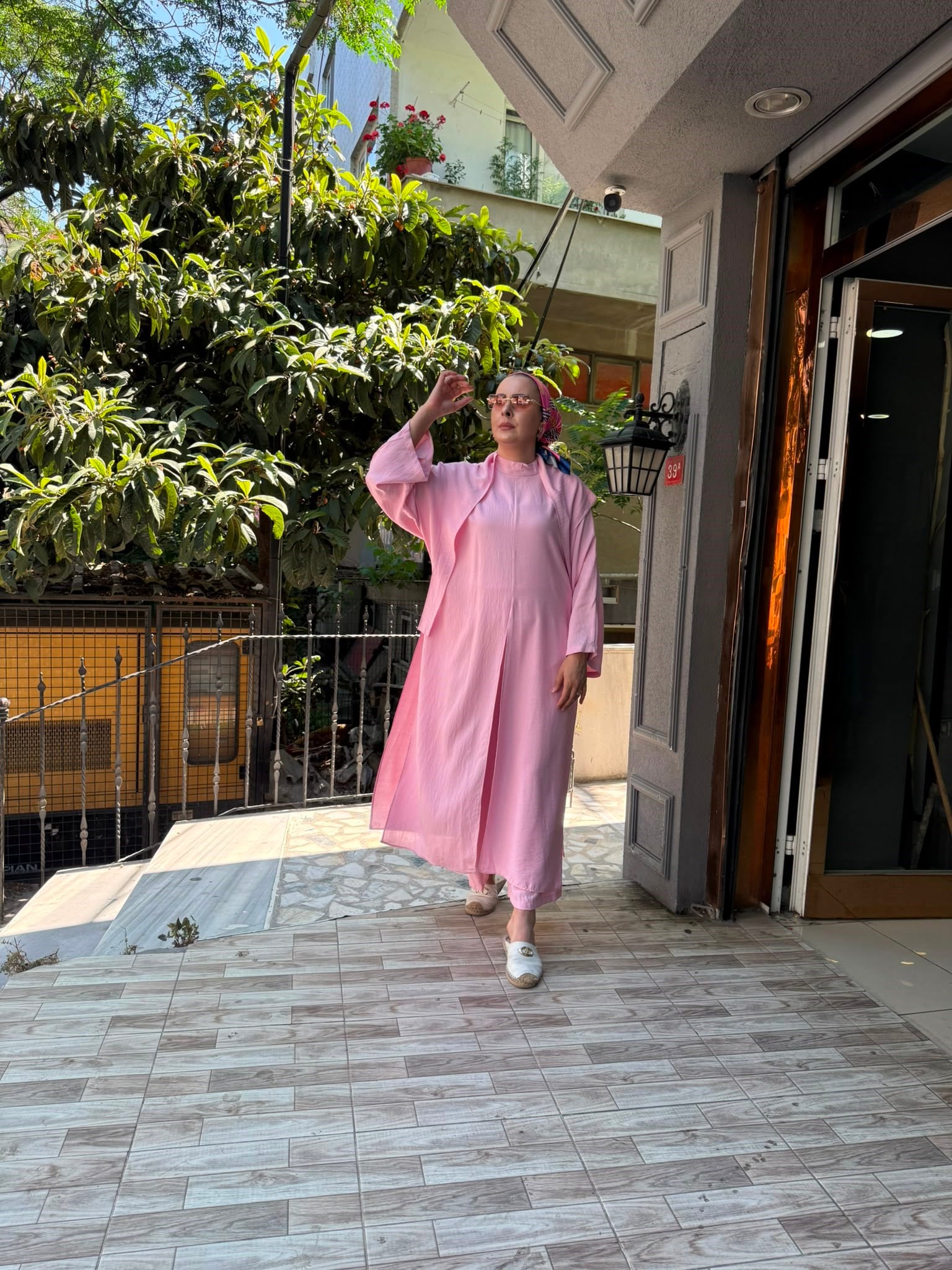 İthal Fularlı Keten Takım Pembe