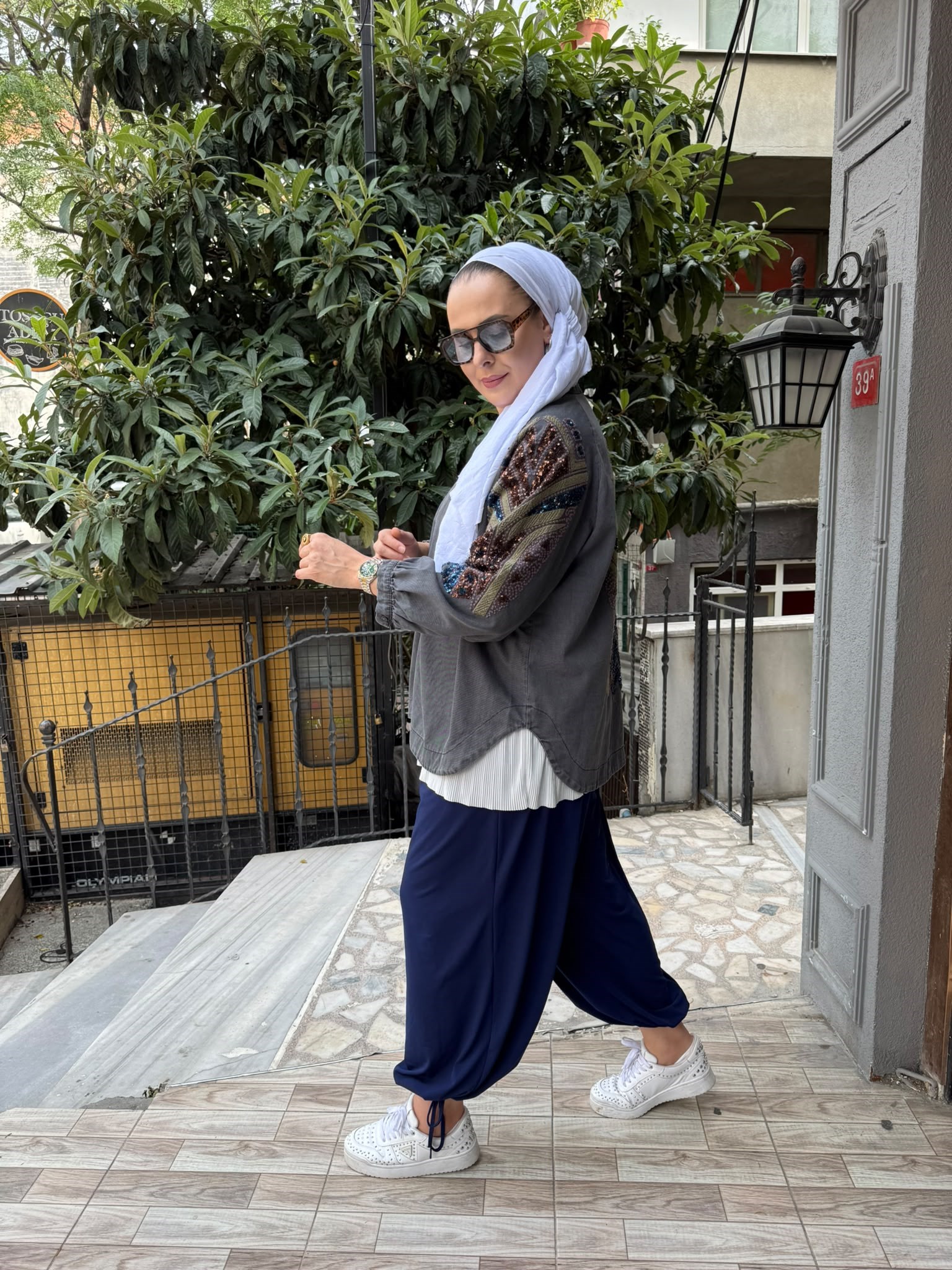 Kot İşlemeli Kaftan Füme
