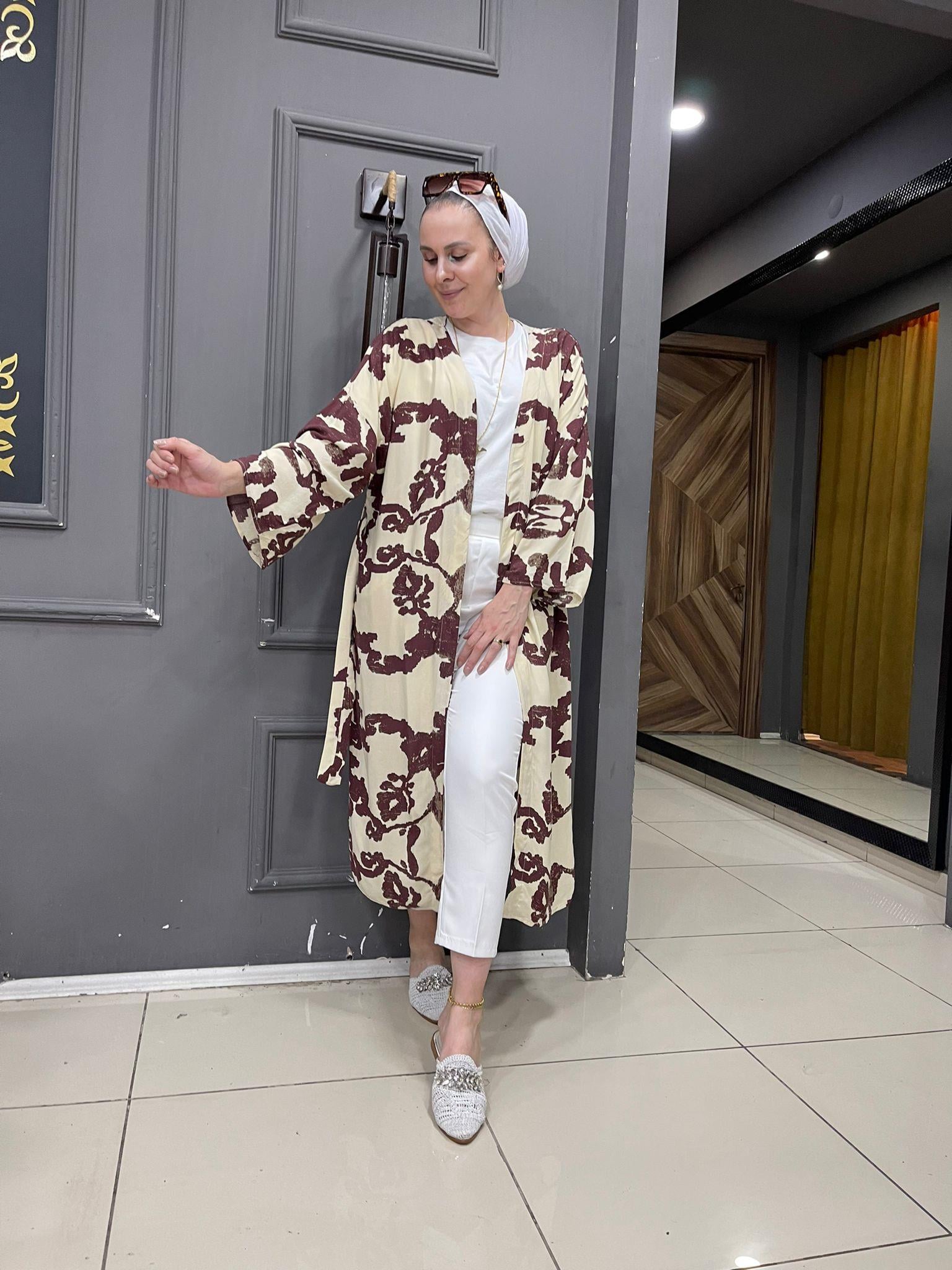 Krem Bordo Desen Kimono