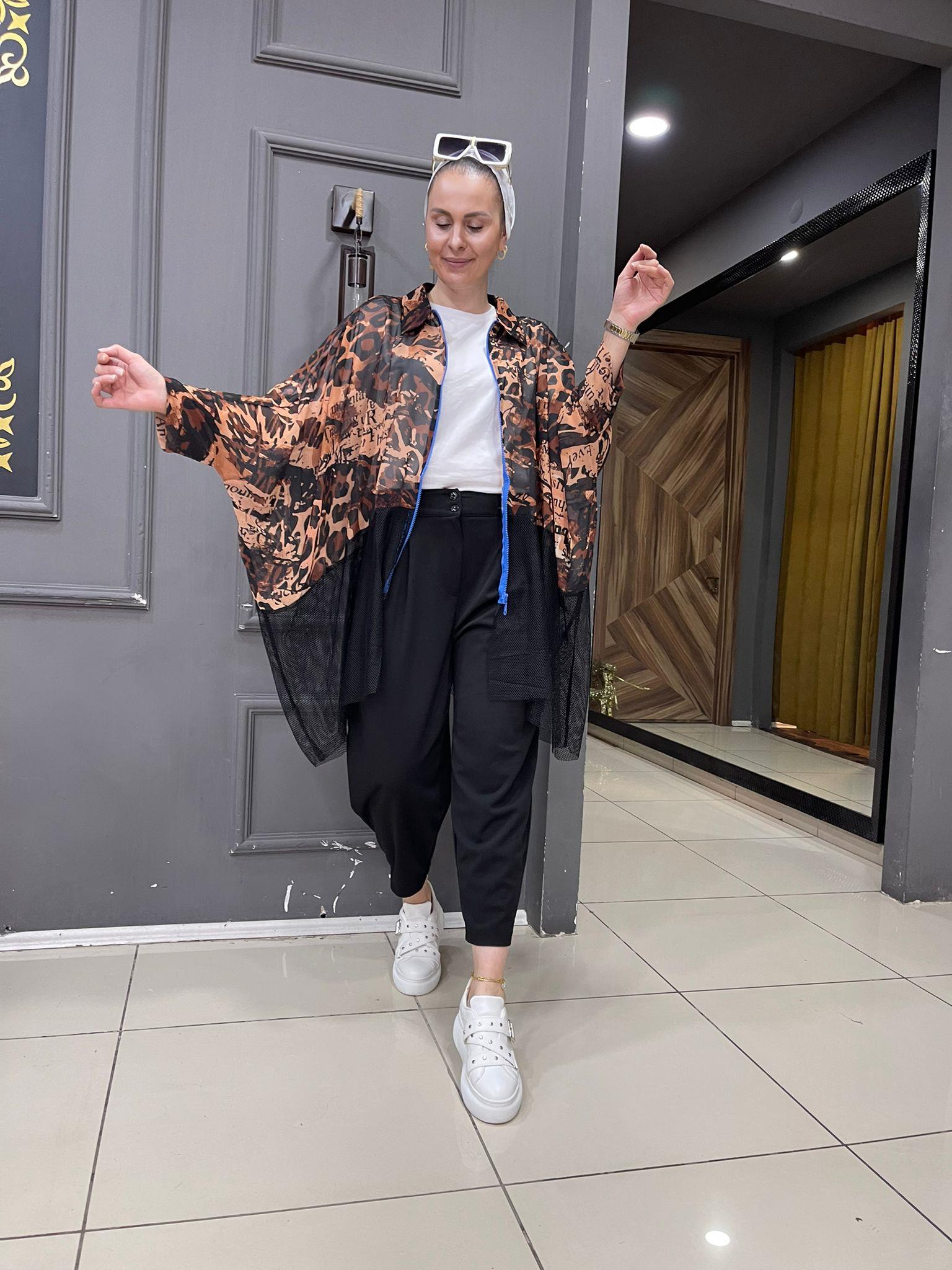 Leopar Şifon Mavi Kadın Baskılı File Kap