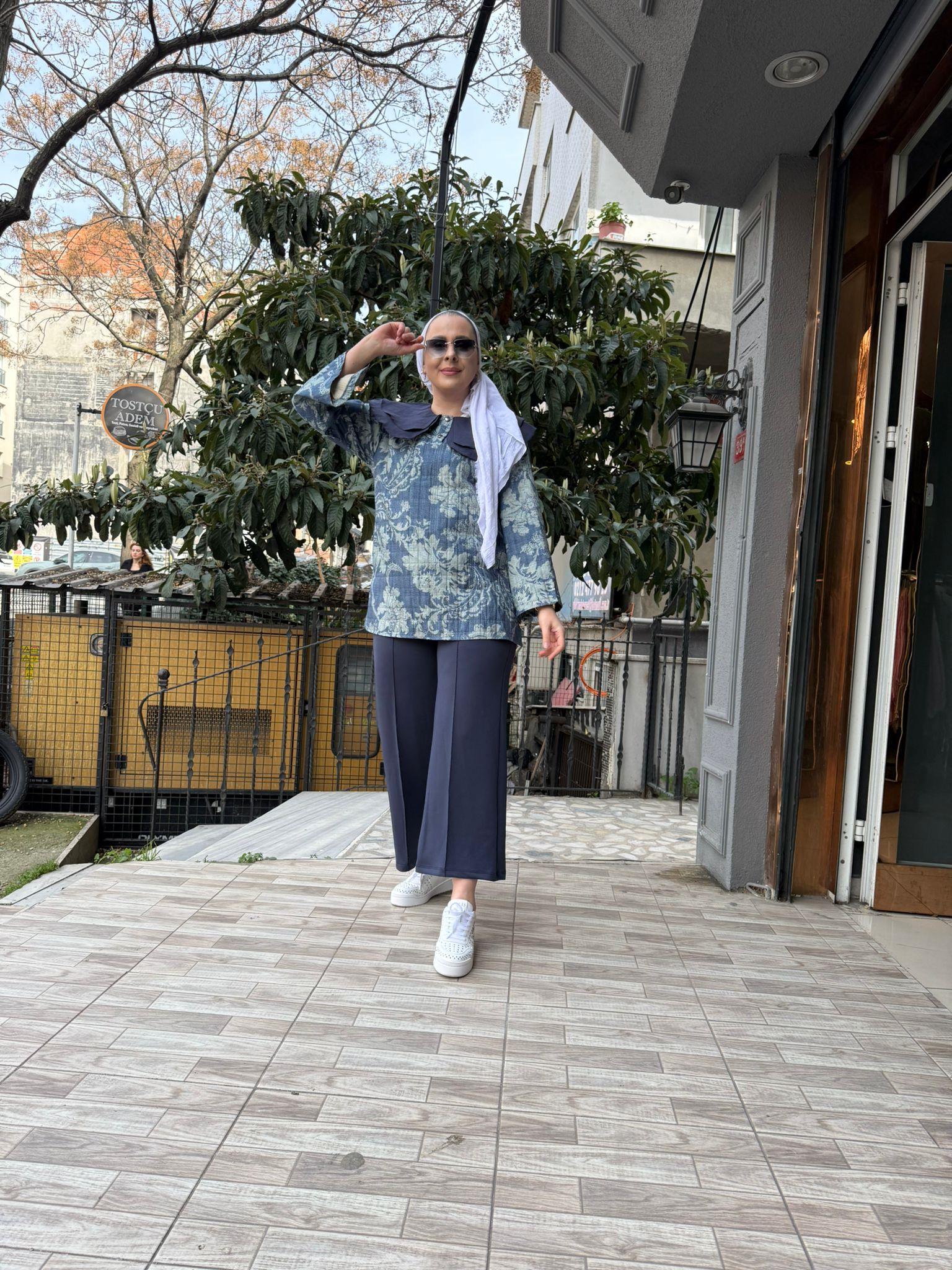 Mavi Desen Kapitone Tunik