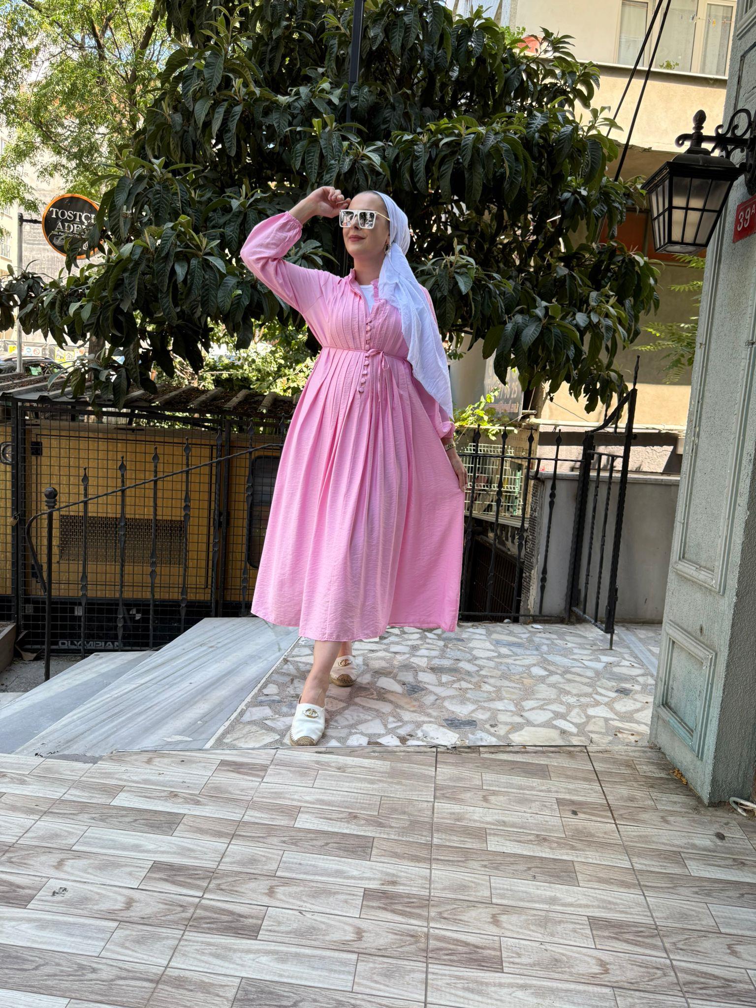 Modal Pileli Elbise Pembe