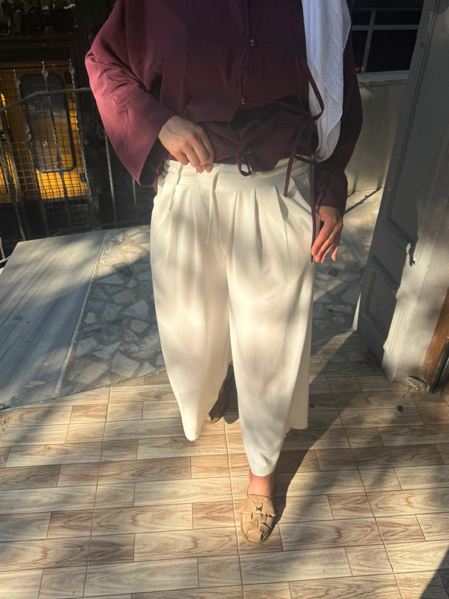 Oysh Bol Paça Pantolon Etek Beyaz
